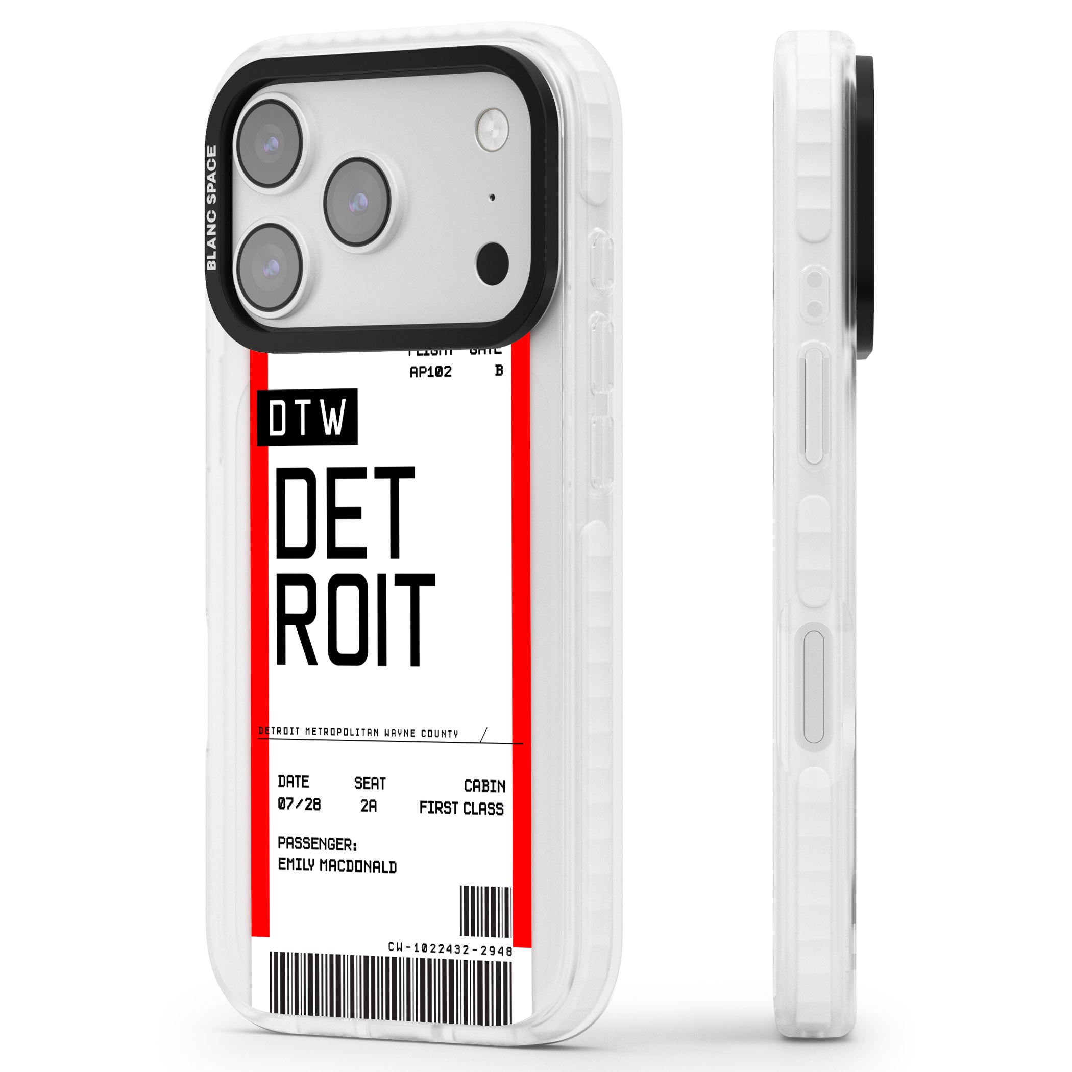 Personalised Detroit Boarding Pass iPhone 17 Pro Max Impact Pro Clear Phone Case Side Profile