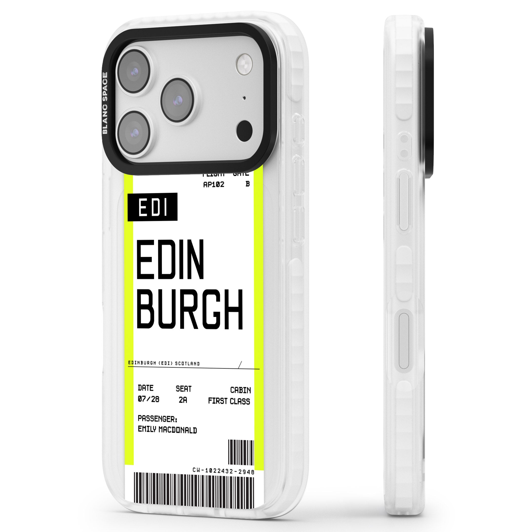 Personalised Edinburgh Boarding Pass iPhone 17 Pro Max Impact Pro Clear Phone Case Side Profile