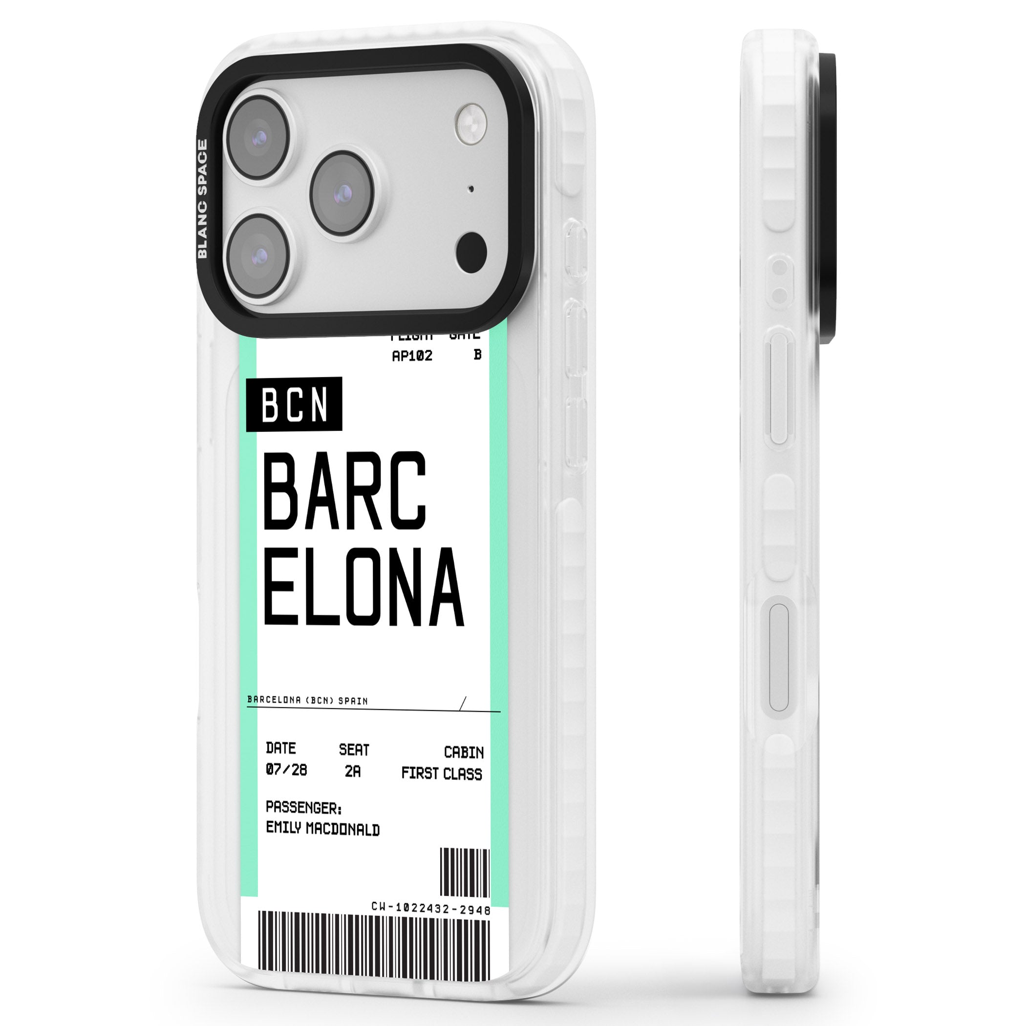 Personalised Barcelona Boarding Pass iPhone 17 Pro Max Impact Pro Clear Phone Case Side Profile