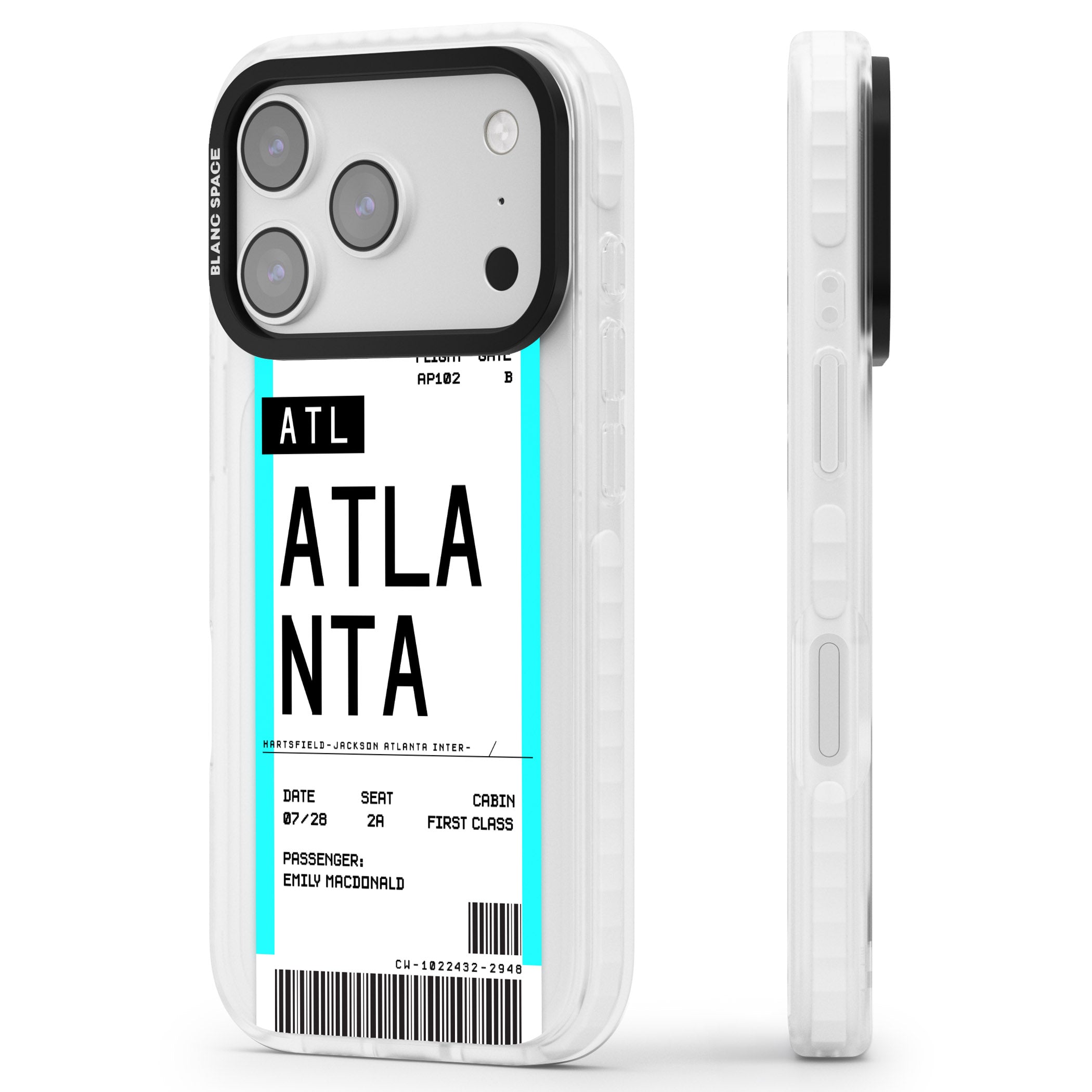 Personalised Atlanta Boarding Pass iPhone 17 Pro Max Impact Pro Clear Phone Case Side Profile