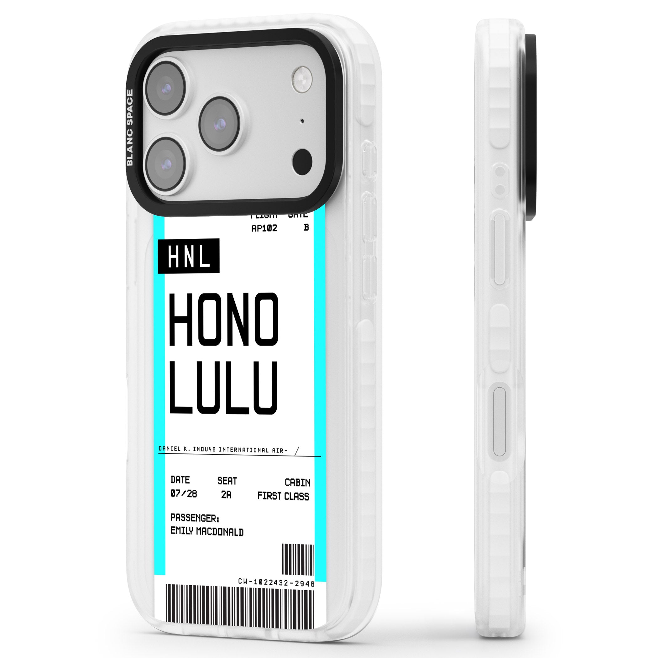 Personalised Honolulu Boarding Pass iPhone 17 Pro Impact Pro Clear Phone Case Side Profile