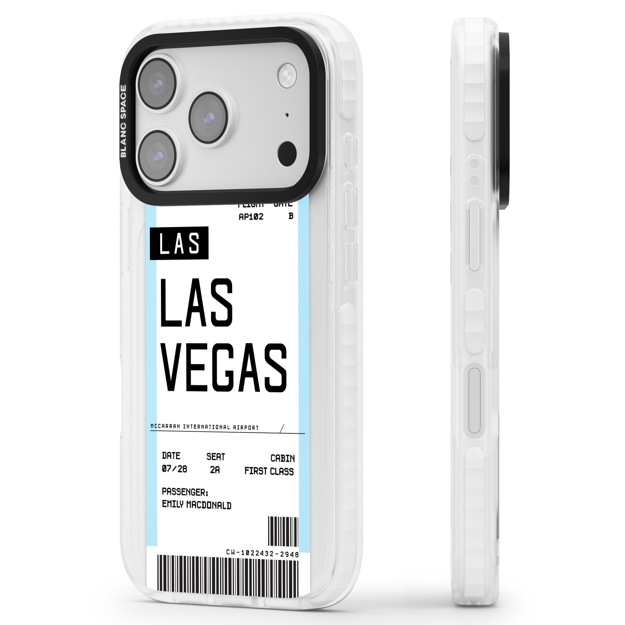 Personalised Las Vegas Boarding Pass iPhone 17 Pro Impact Pro Clear Phone Case Side Profile