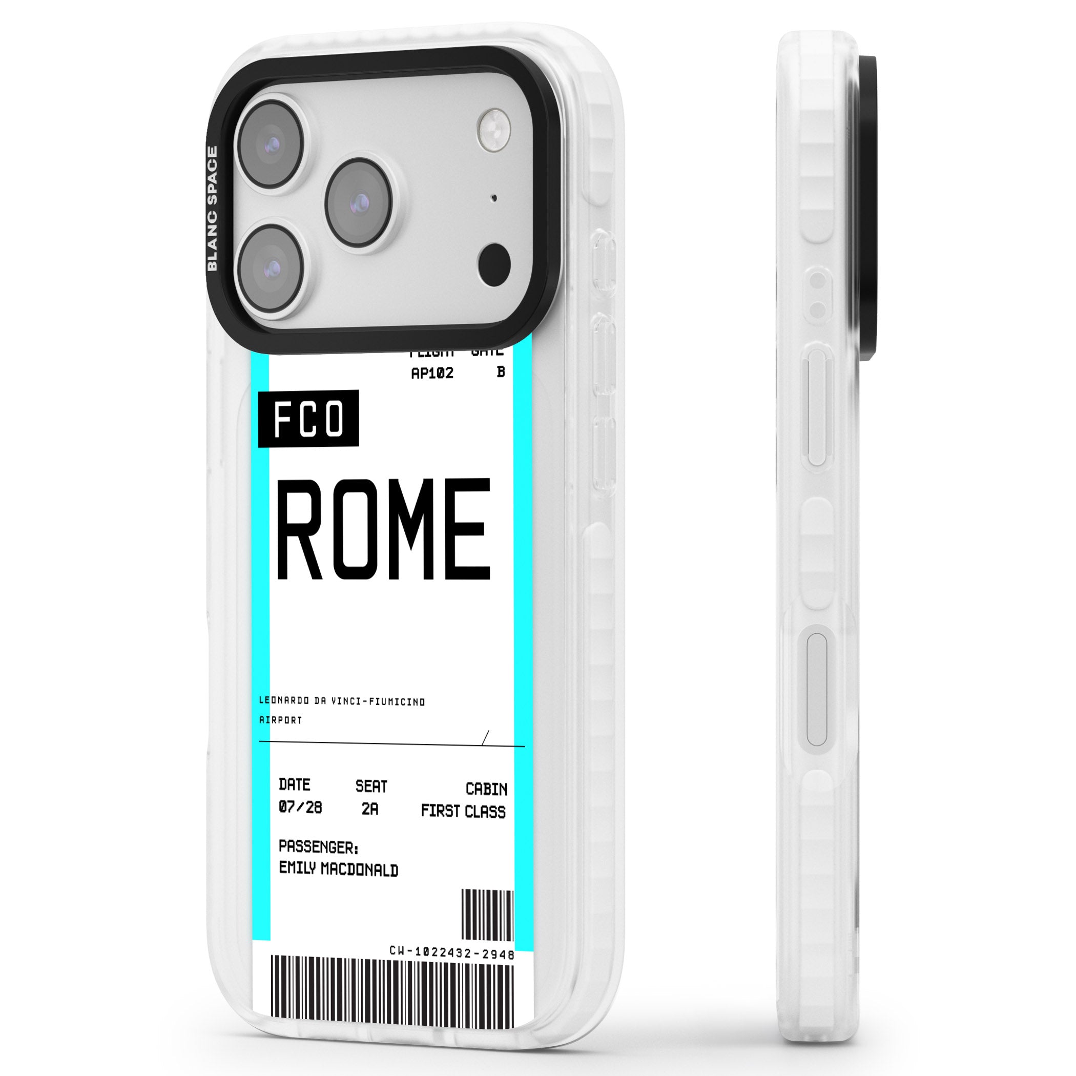 Personalised Rome Boarding Pass iPhone 17 Pro Max Impact Pro Clear Phone Case Side Profile