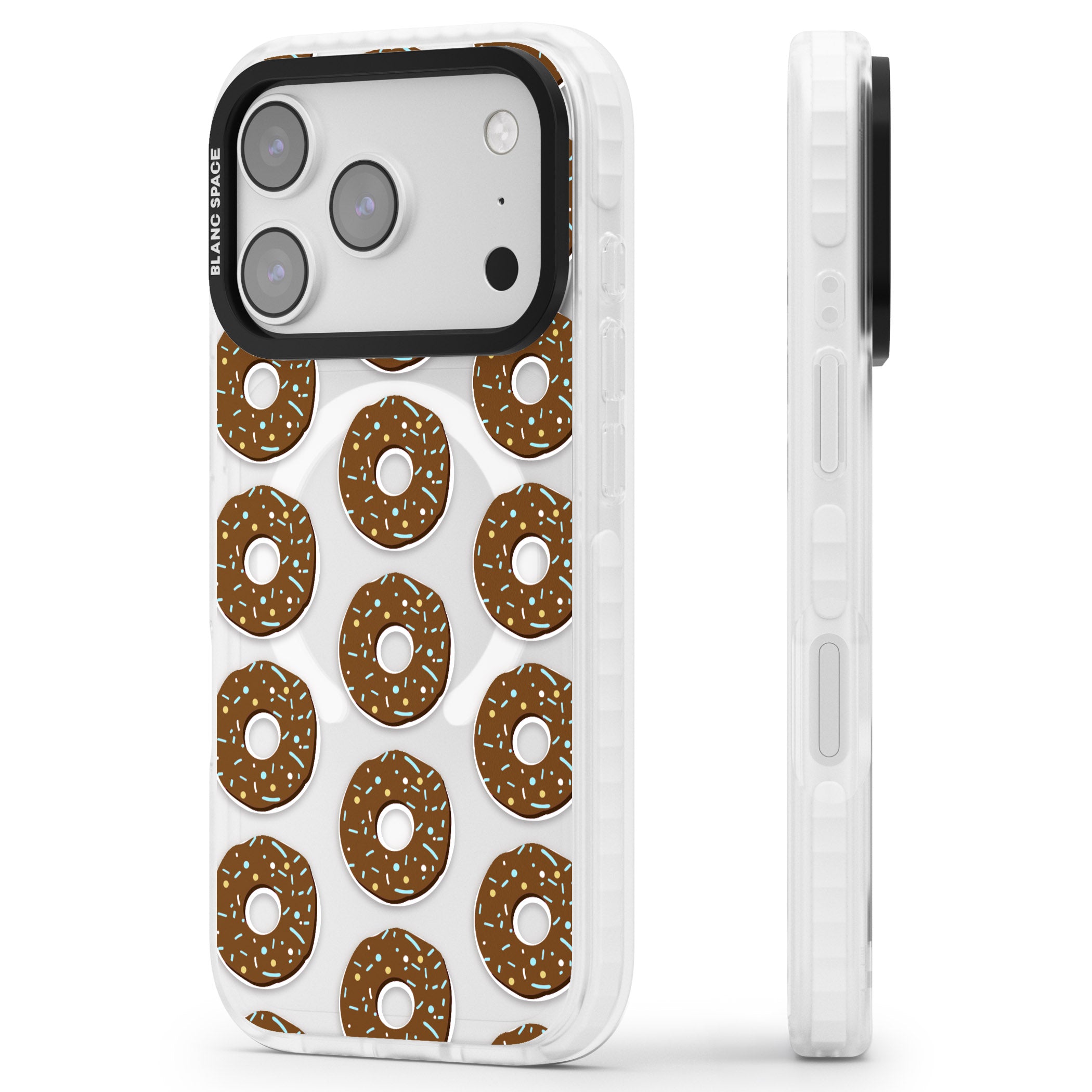 Chocolate Donut Pattern iPhone 17 Pro Impact Pro Clear Phone Case Side Profile