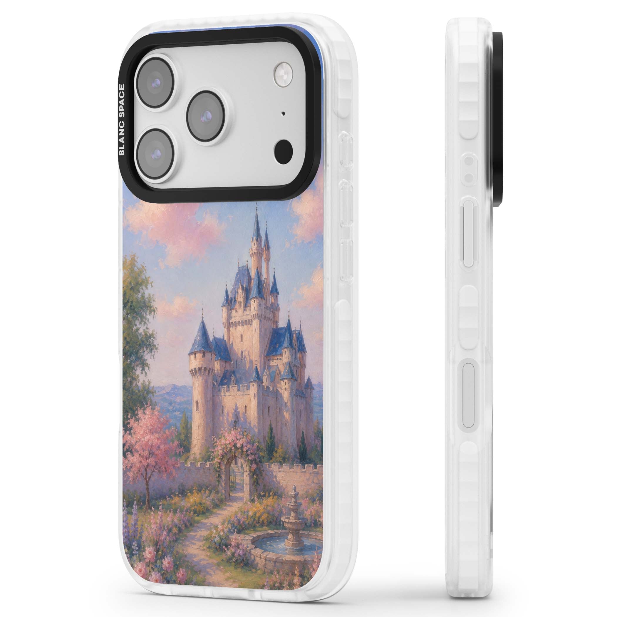 Enchanted Kingdom fairytale iPhone case featuring a romantic castle painting with cherry blossoms and pastel pink sky | Impact Magsafe case for iPhone 17 Pro, iPhone 17 Pro Max