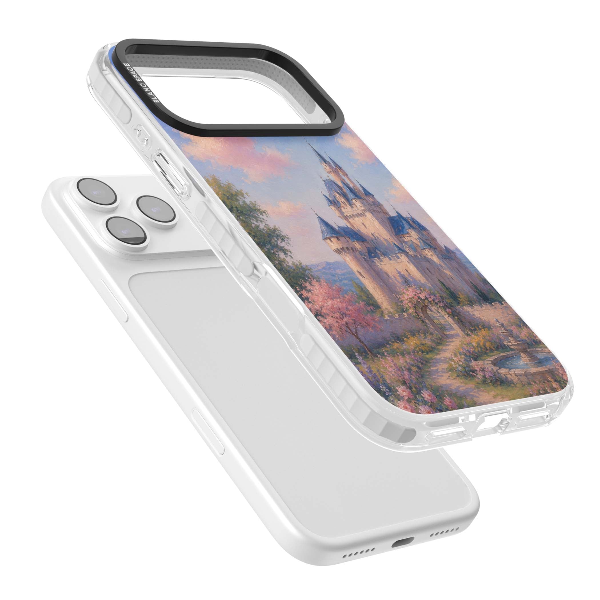Enchanted Kingdom fairytale iPhone case featuring a romantic castle painting with cherry blossoms and pastel pink sky | Impact Magsafe case for iPhone 17 Pro, iPhone 17 Pro Max
