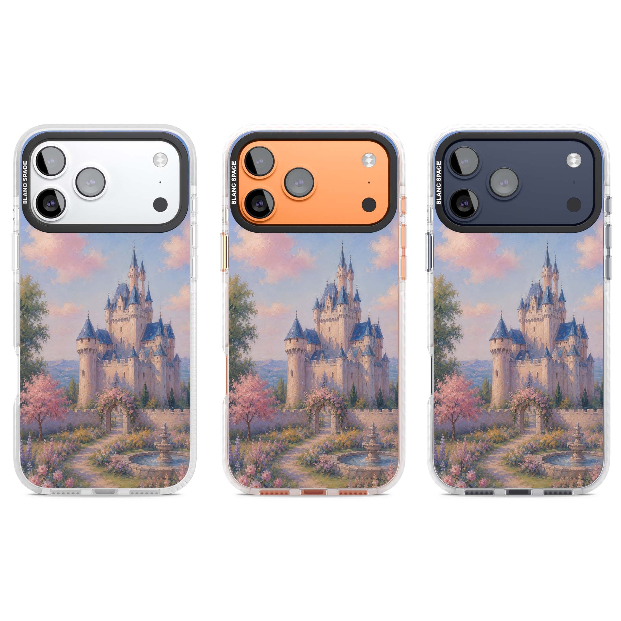 Enchanted Kingdom fairytale iPhone case featuring a romantic castle painting with cherry blossoms and pastel pink sky | Impact Magsafe case for iPhone 17 Pro, iPhone 17 Pro Max