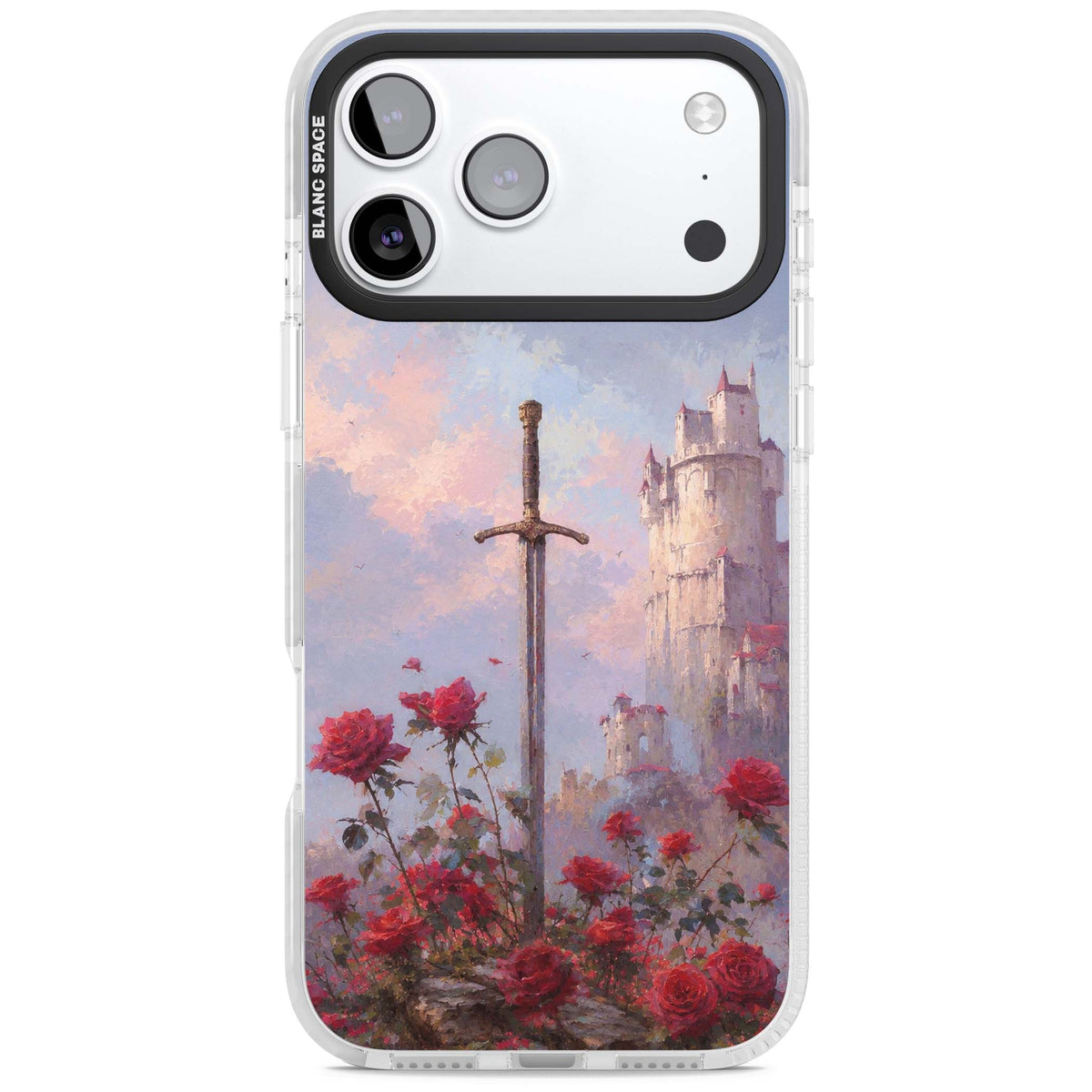 Sword in Roses medieval art iPhone case featuring a sword, red roses, and a misty fairytale castle at sunset | Impact Magsafe case for iPhone 17 Pro, iPhone 17 Pro Max