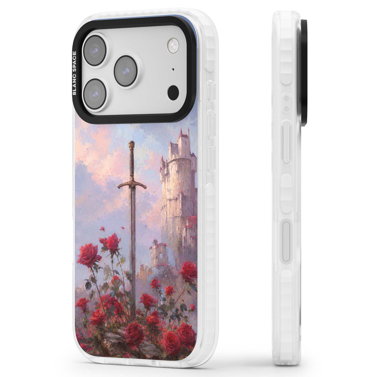 Sword in Roses medieval art iPhone case featuring a sword, red roses, and a misty fairytale castle at sunset | Impact Magsafe case for iPhone 17 Pro, iPhone 17 Pro Max
