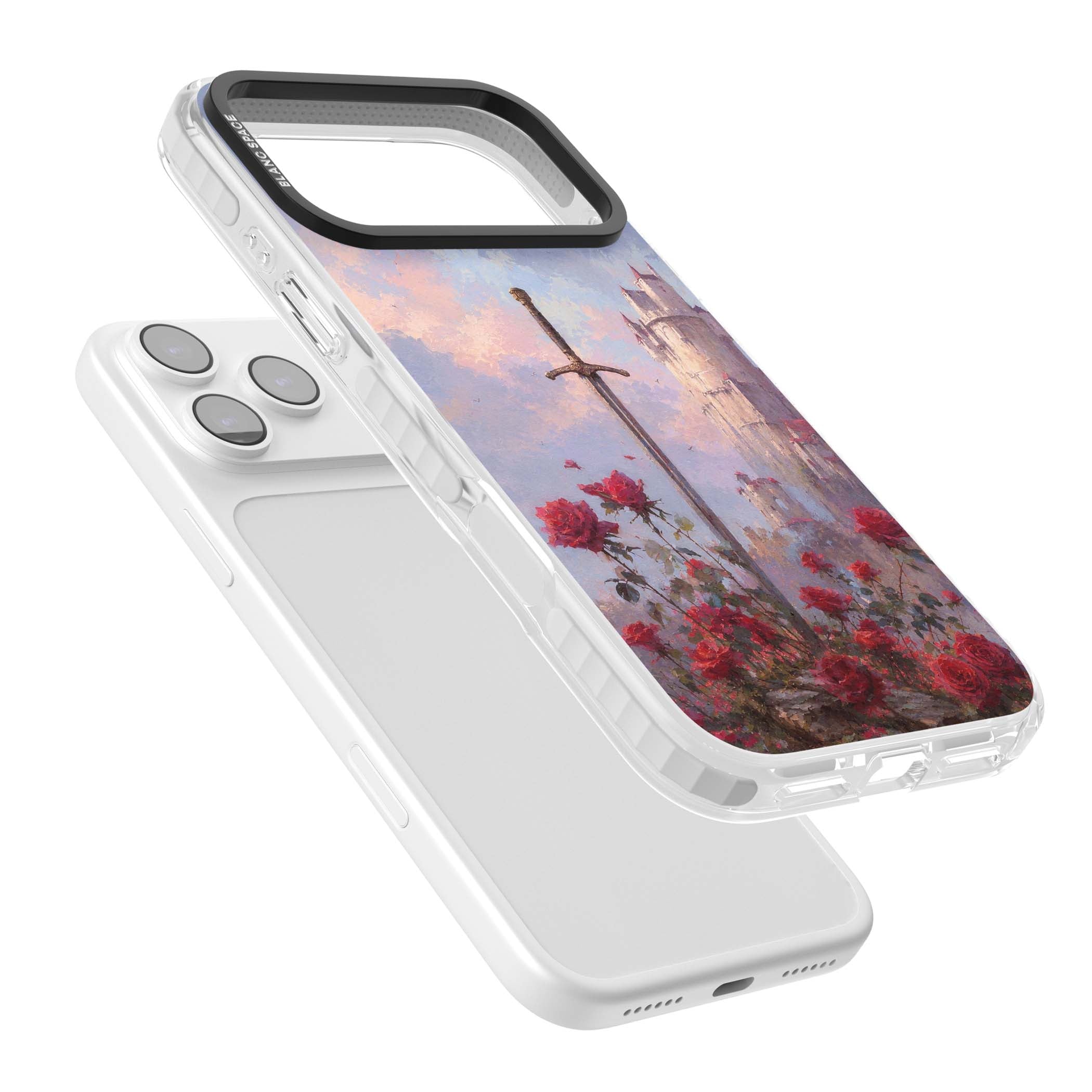 Sword in Roses medieval art iPhone case featuring a sword, red roses, and a misty fairytale castle at sunset | Impact Magsafe case for iPhone 17 Pro, iPhone 17 Pro Max