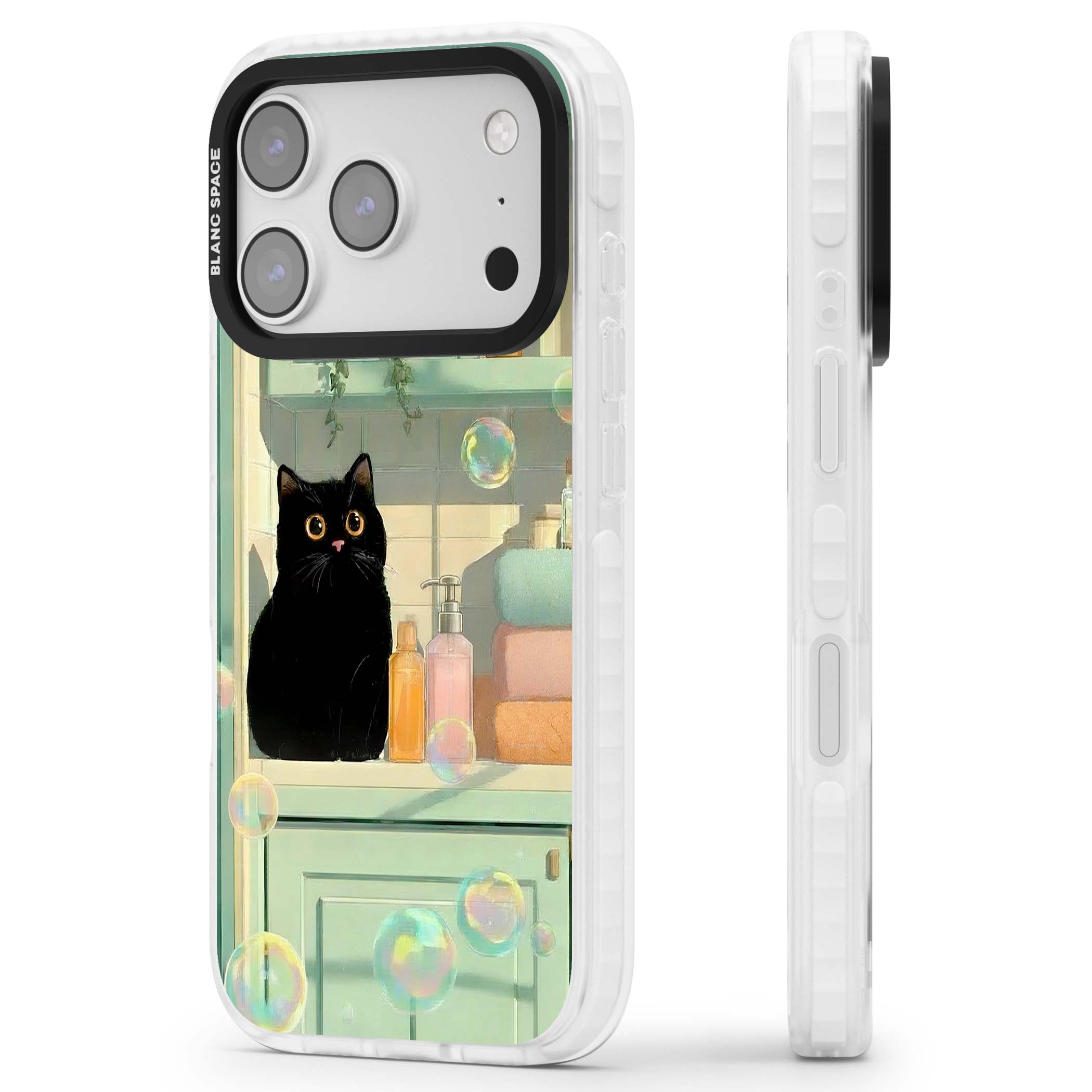 Bathroom Bubble Kitty cottagecore iPhone case featuring a black cat, mint bathroom scene and floating soap bubbles | Impact Magsafe case for iPhone 17 Pro, iPhone 17 Pro Max