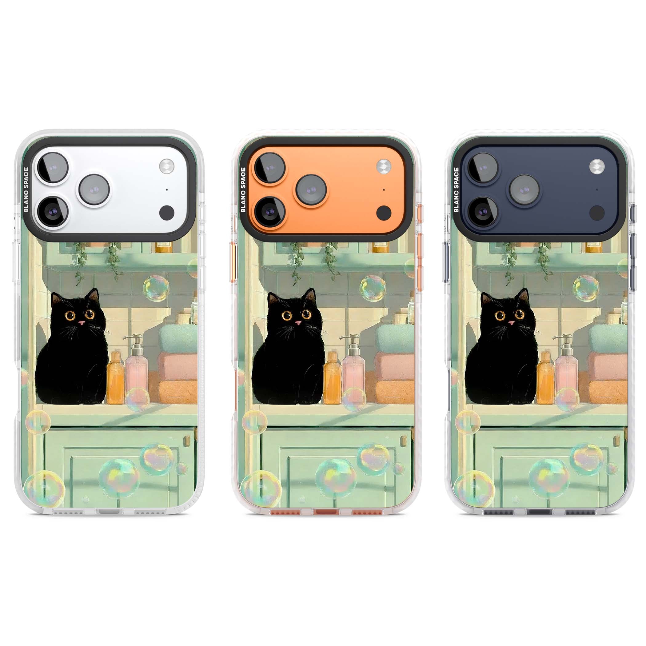 Bathroom Bubble Kitty cottagecore iPhone case featuring a black cat, mint bathroom scene and floating soap bubbles | Impact Magsafe case for iPhone 17 Pro, iPhone 17 Pro Max