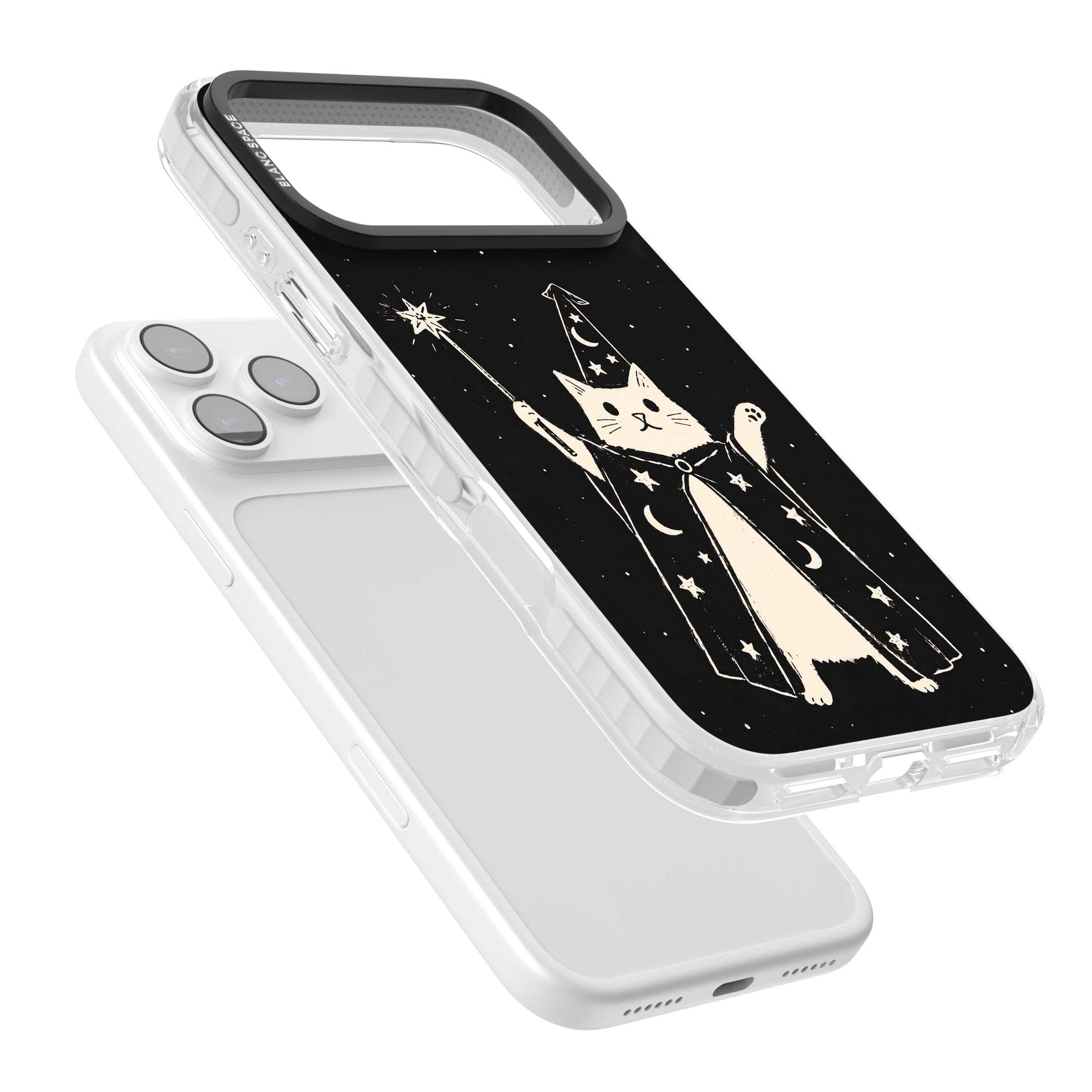 Whisker Wizard celestial cat iPhone case featuring a wizard cat with magic wand, starry night sky and crescent moons | Impact Magsafe case for iPhone 17 Pro, iPhone 17 Pro Max