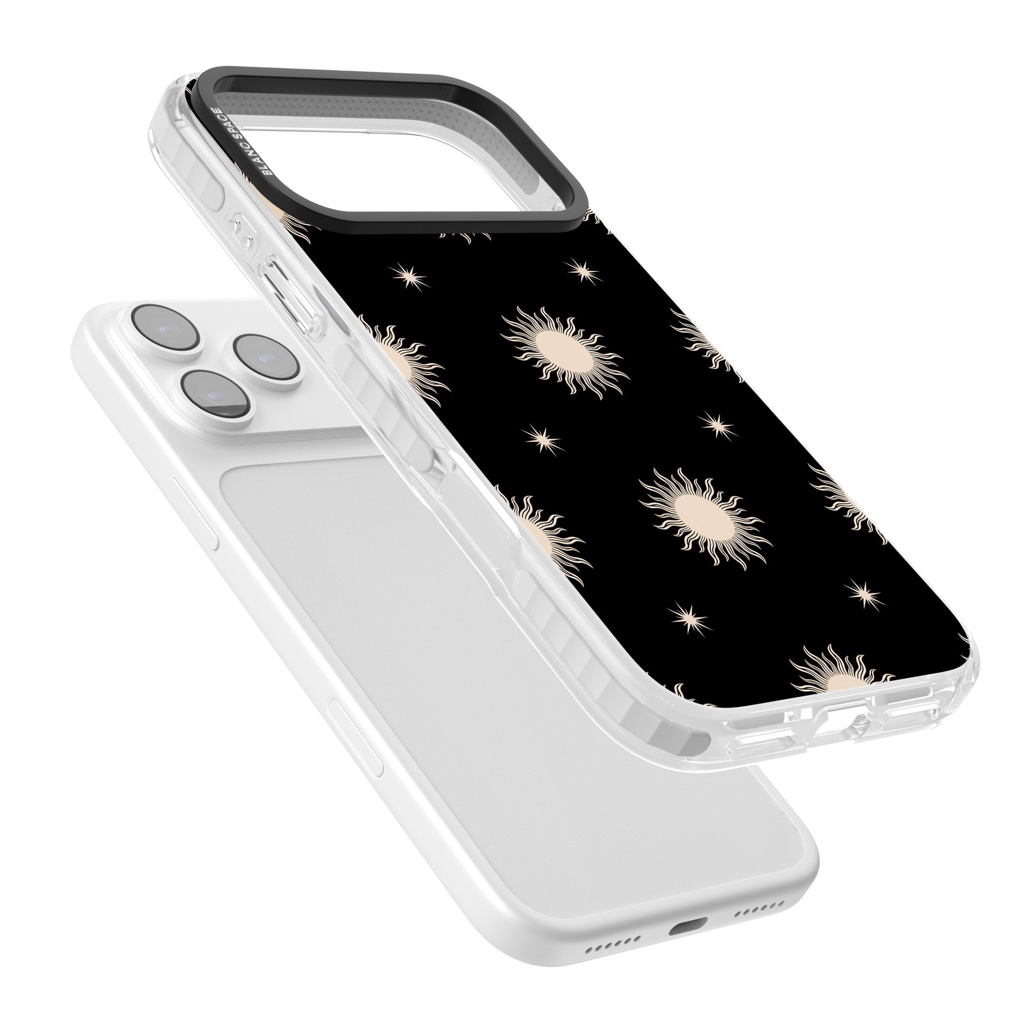 Celestial Patterns Classic Suns (Black) iPhone 17 Pro Impact Pro Clear Phone Case Colours