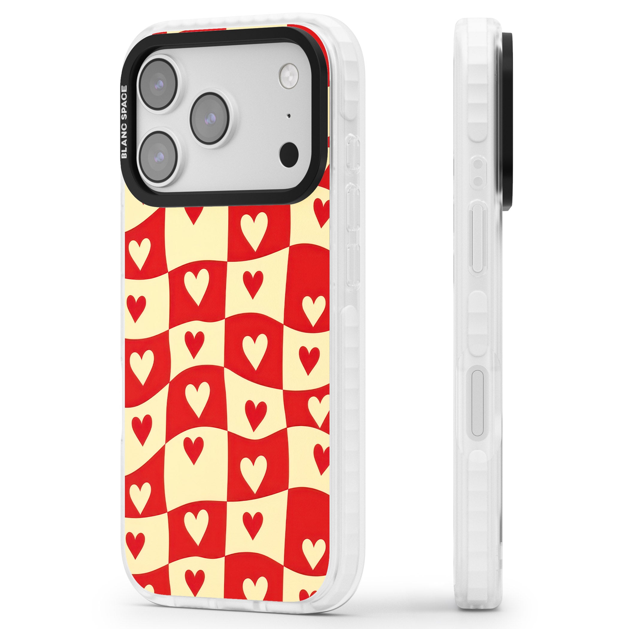 Red Wavy Checked & Hearts iPhone 17 Pro Impact Pro Clear Phone Case Side Profile