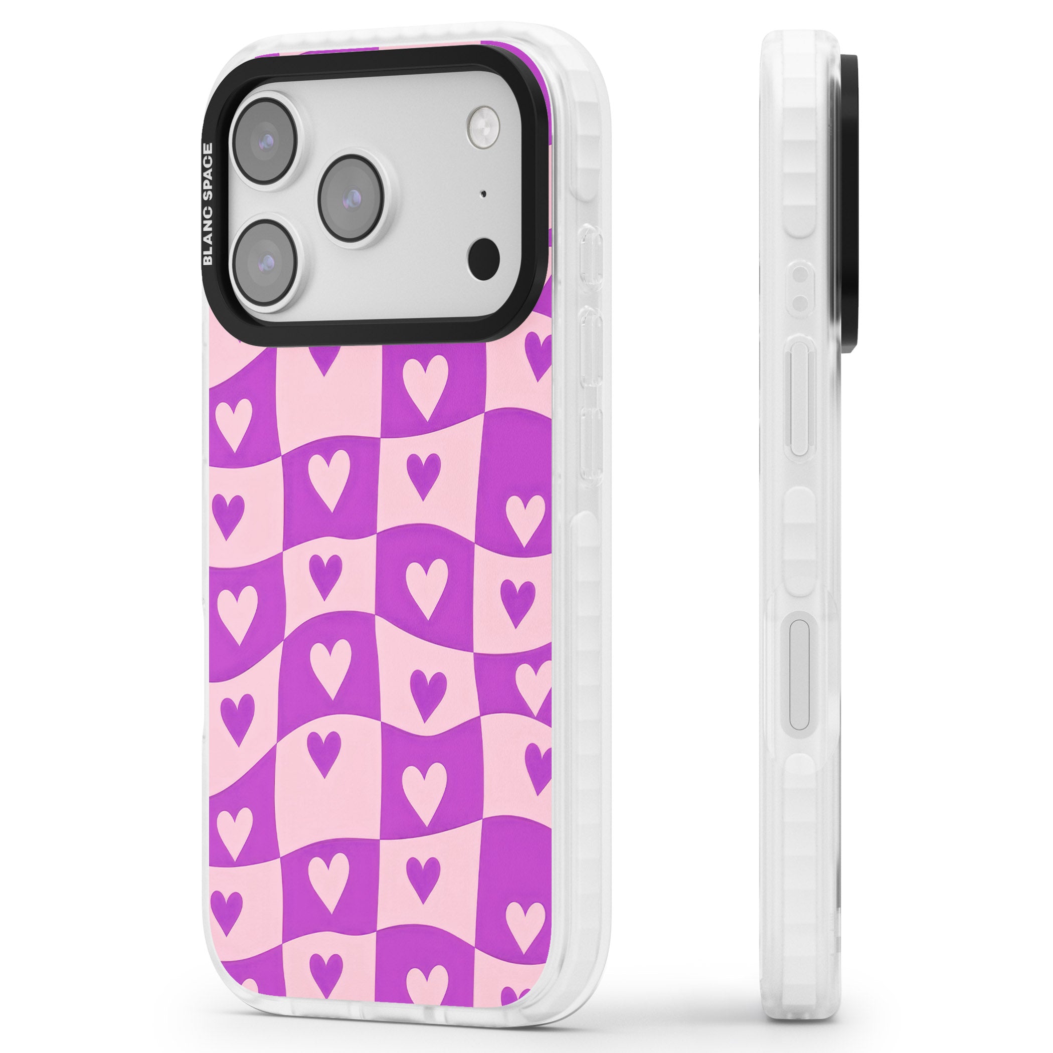 Purple Wavy Checked Hearts iPhone 17 Pro Impact Pro Clear Phone Case Side Profile