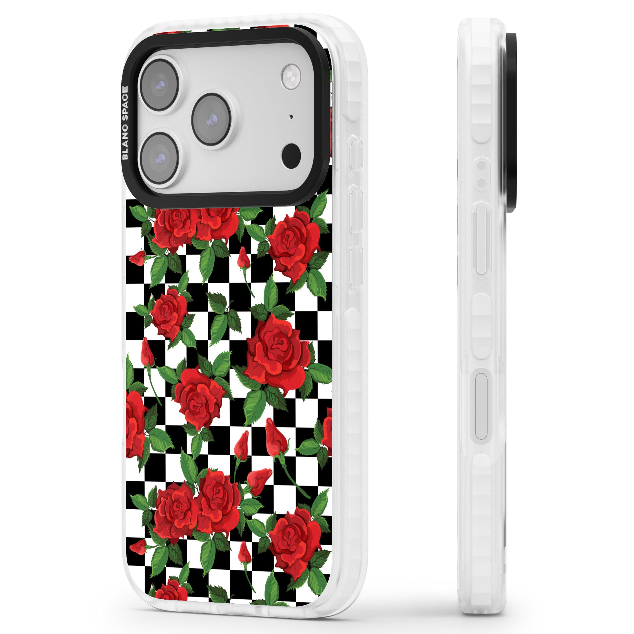 Checkered Roses iPhone 17 Pro Max Impact Pro Clear Phone Case Side Profile