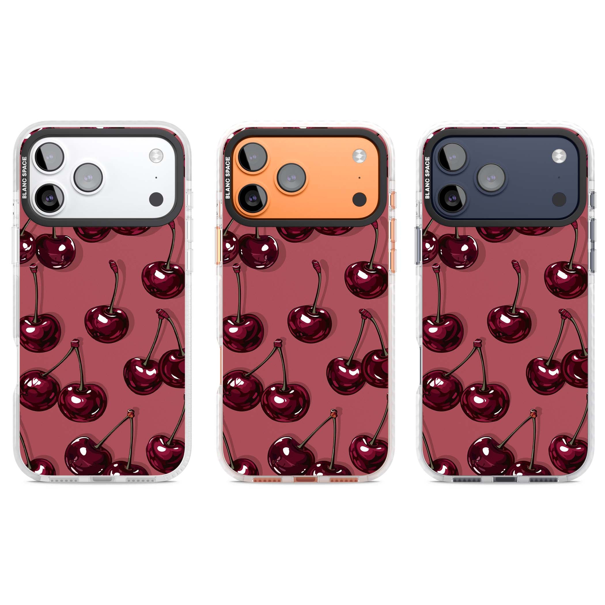 Cherry Rebel coquette iPhone case featuring glossy burgundy cherries on a dusty rose background | Impact Magsafe case for iPhone 17 Pro, iPhone 17 Pro Max
