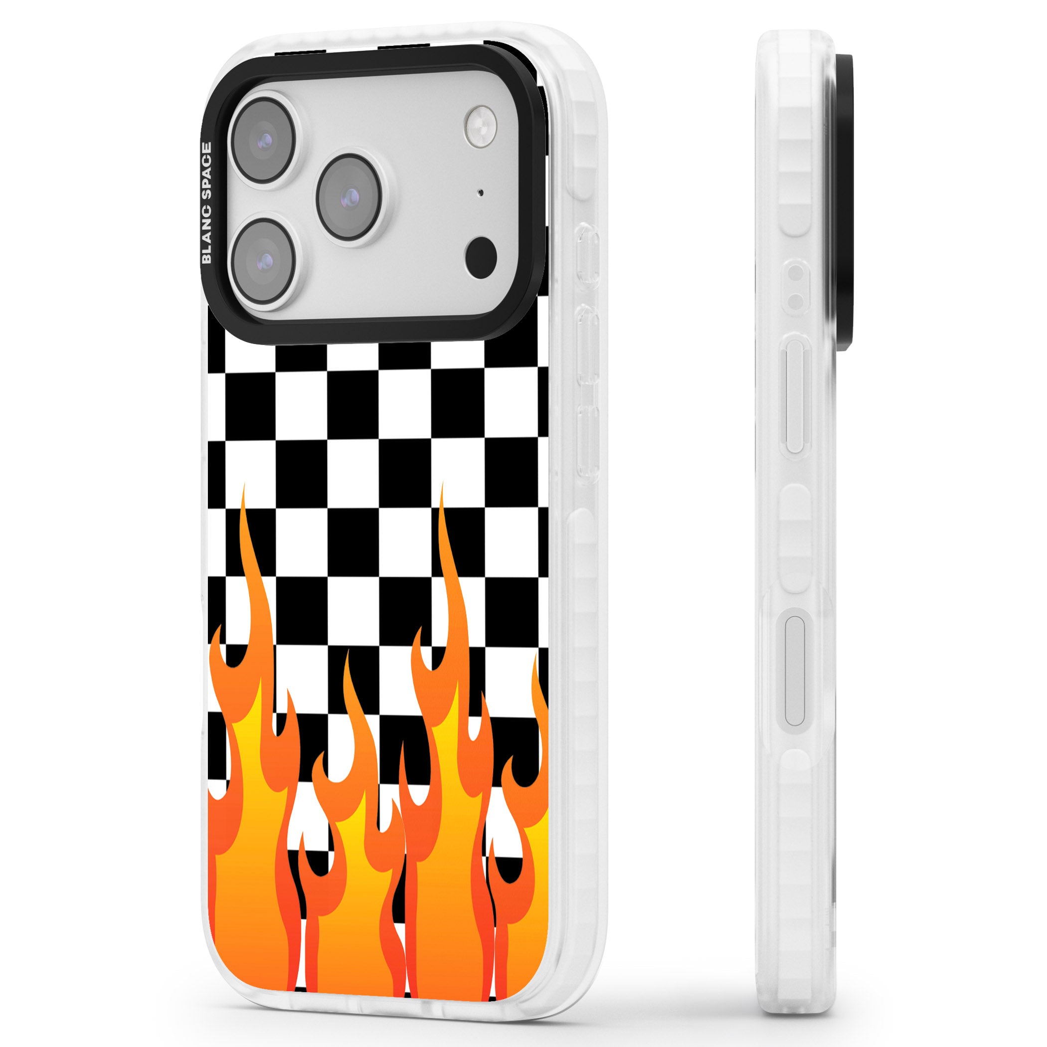 Checkered Fire iPhone 17 Pro Impact Pro Clear Phone Case Side Profile