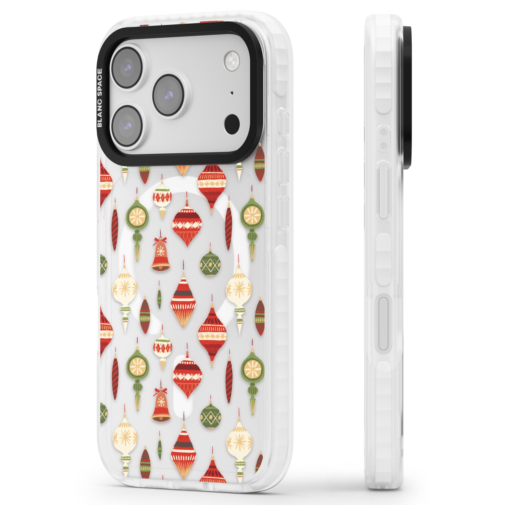 Christmas Baubles Pattern iPhone 17 Pro Impact Pro Clear Phone Case Side Profile