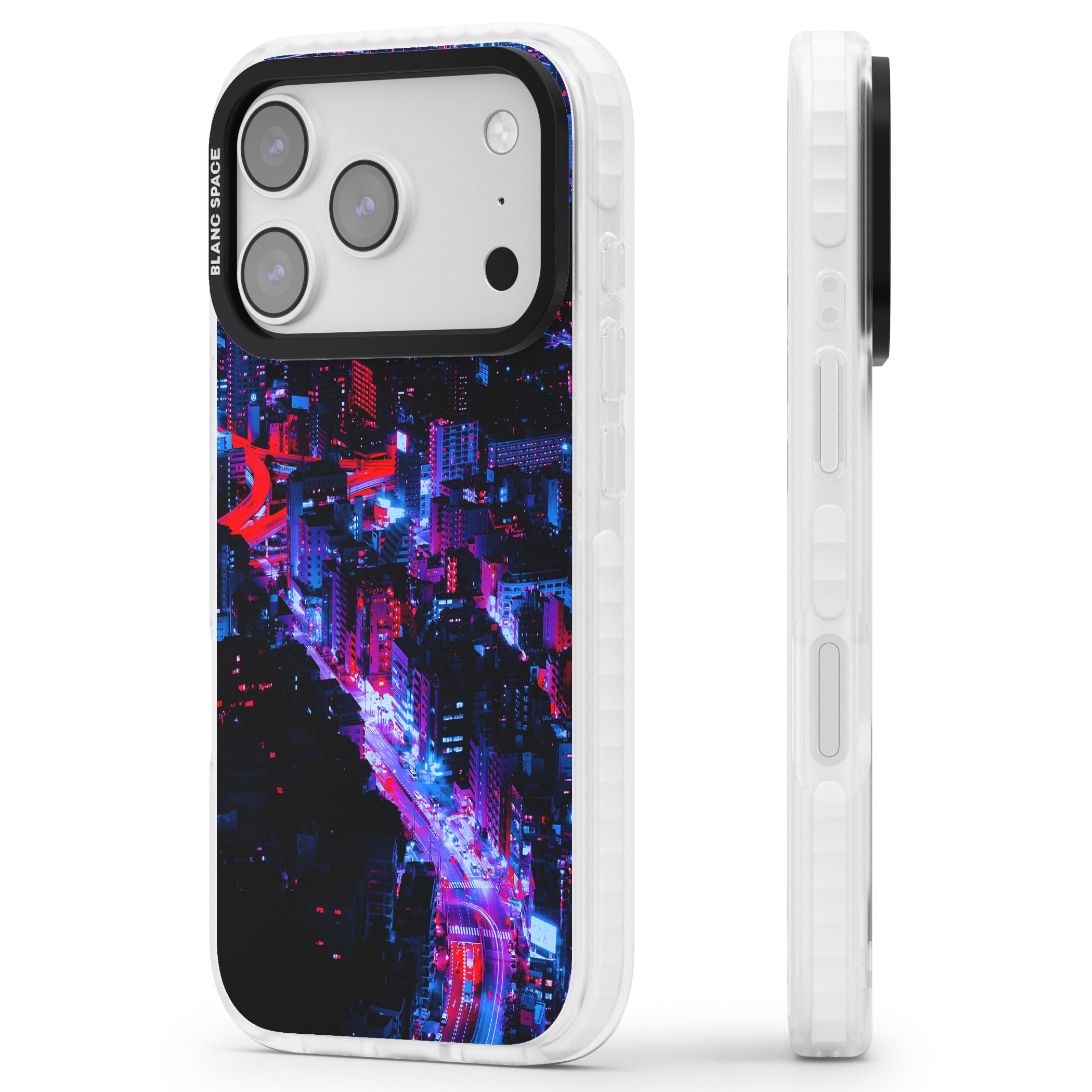 Neon Cityscape iPhone 17 Pro Max Impact Pro Clear Phone Case Side Profile