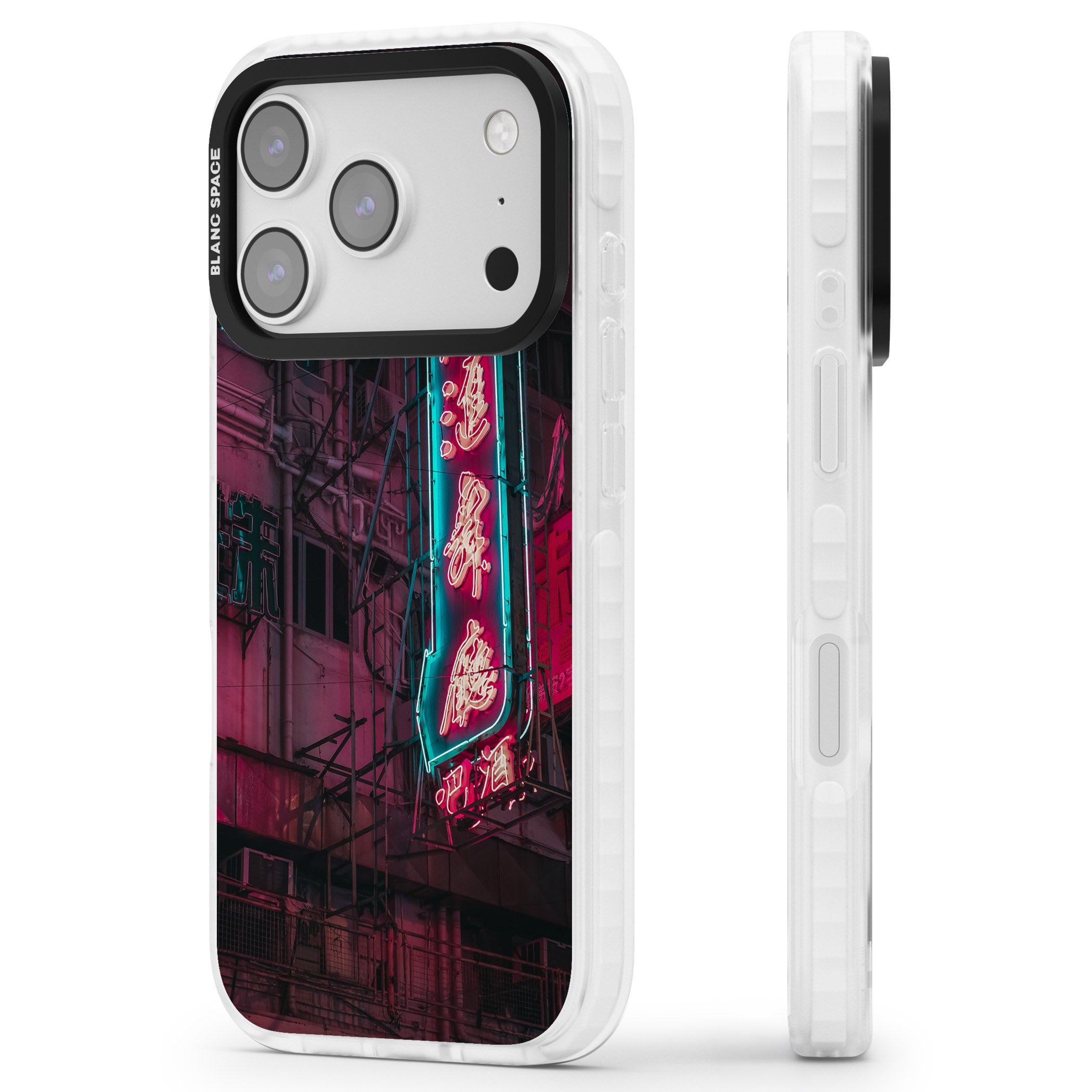 Neon Kanji Cityscape iPhone 17 Pro Impact Pro Clear Phone Case Side Profile