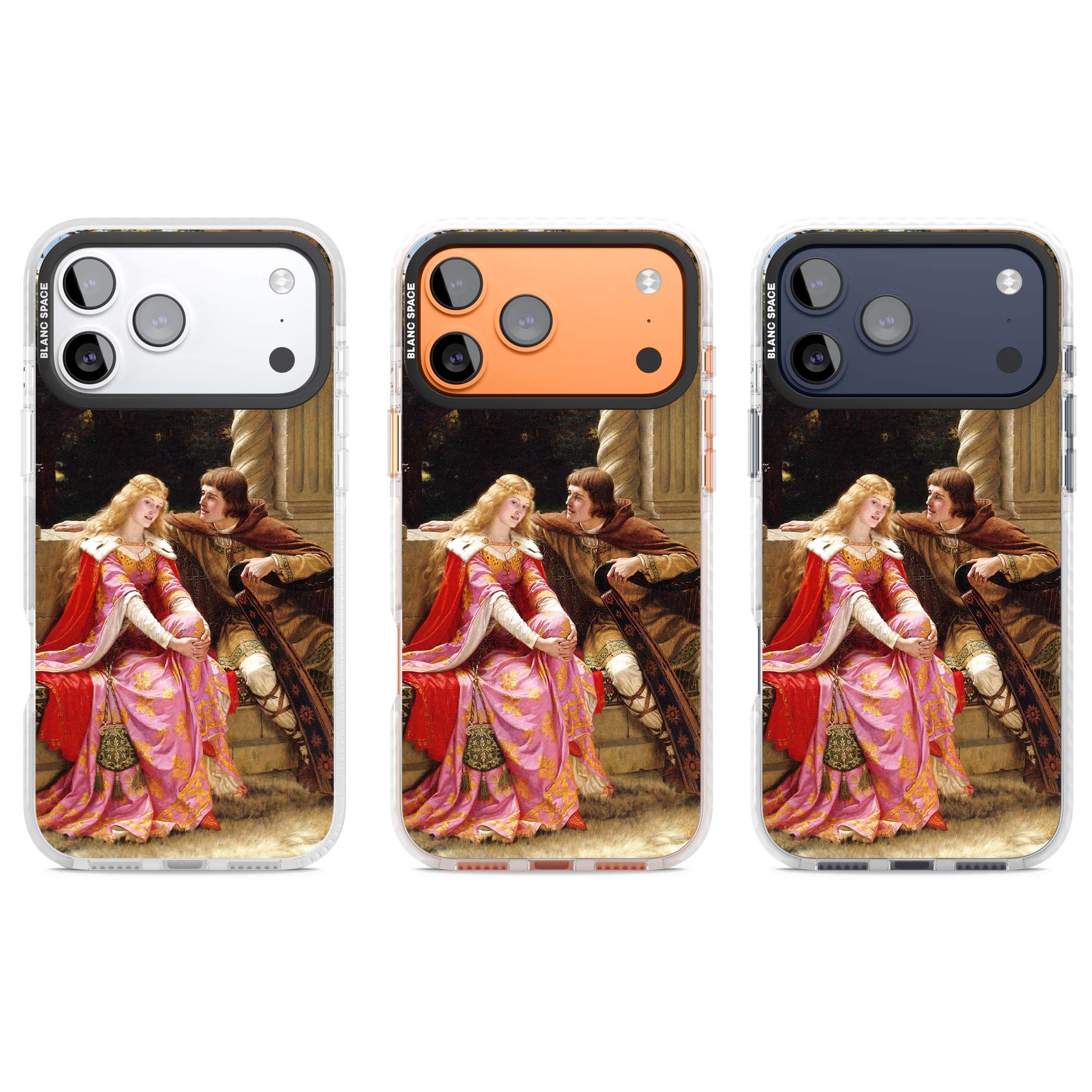 The End of the Song classic art iPhone case featuring a medieval lady in pink gown and her knight in a stone archway | Impact Magsafe case for iPhone 17 Pro, iPhone 17 Pro Max