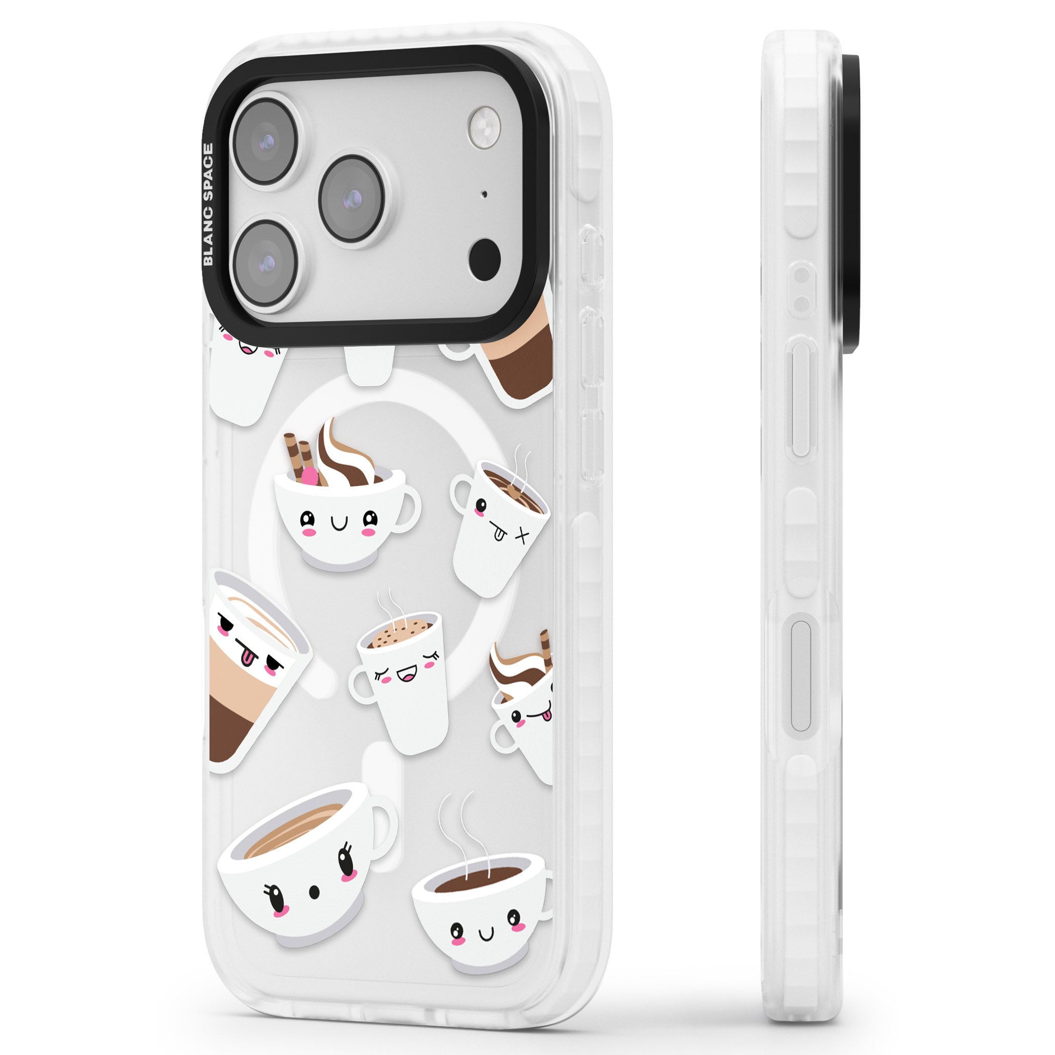 Coffee Faces iPhone 17 Pro Impact Pro Clear Phone Case Side Profile