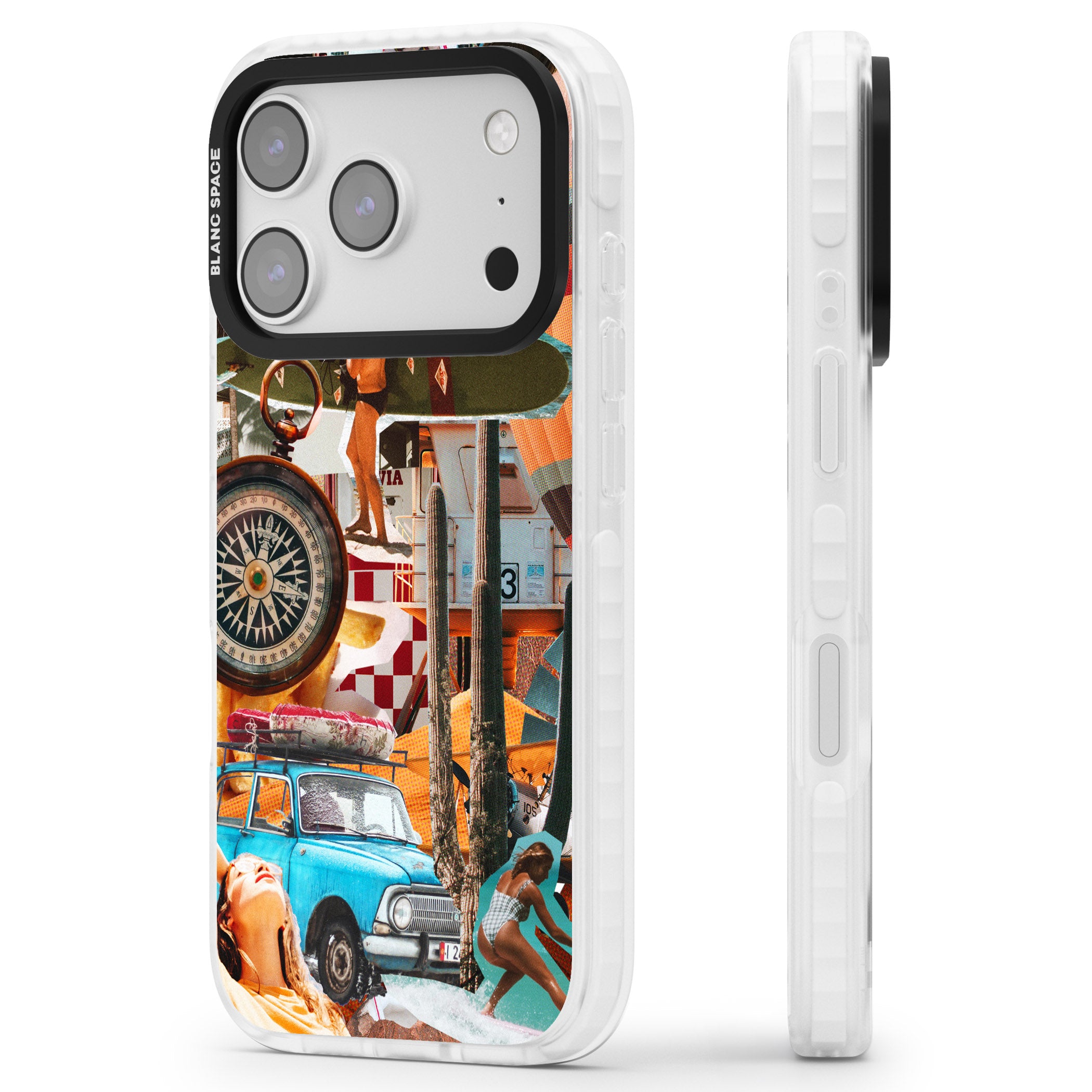 Vintage Collage: Road Trip iPhone 17 Pro Impact Pro Clear Phone Case Side Profile