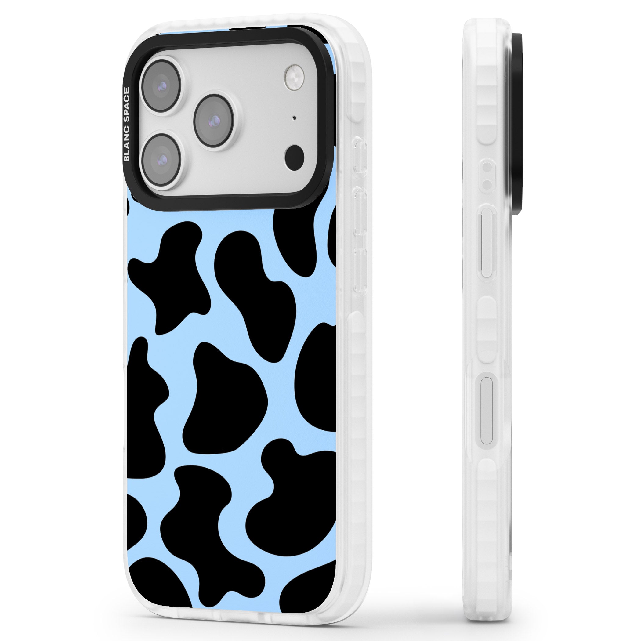 Blue And Black Cow Print iPhone 17 Pro Max Impact Pro Clear Phone Case Side Profile