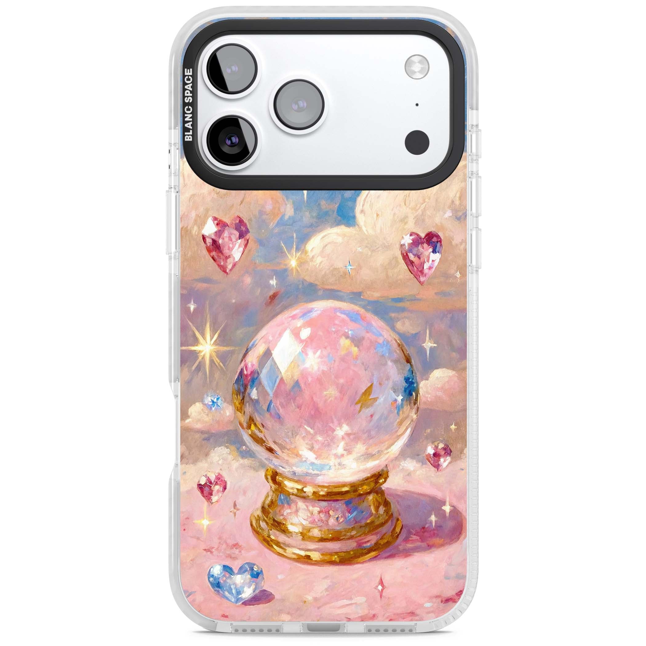 Crystal Ball fairycore iPhone case featuring a painted crystal ball, heart gemstones, and pastel clouds | Impact Magsafe case for iPhone 17 Pro, iPhone 17 Pro Max