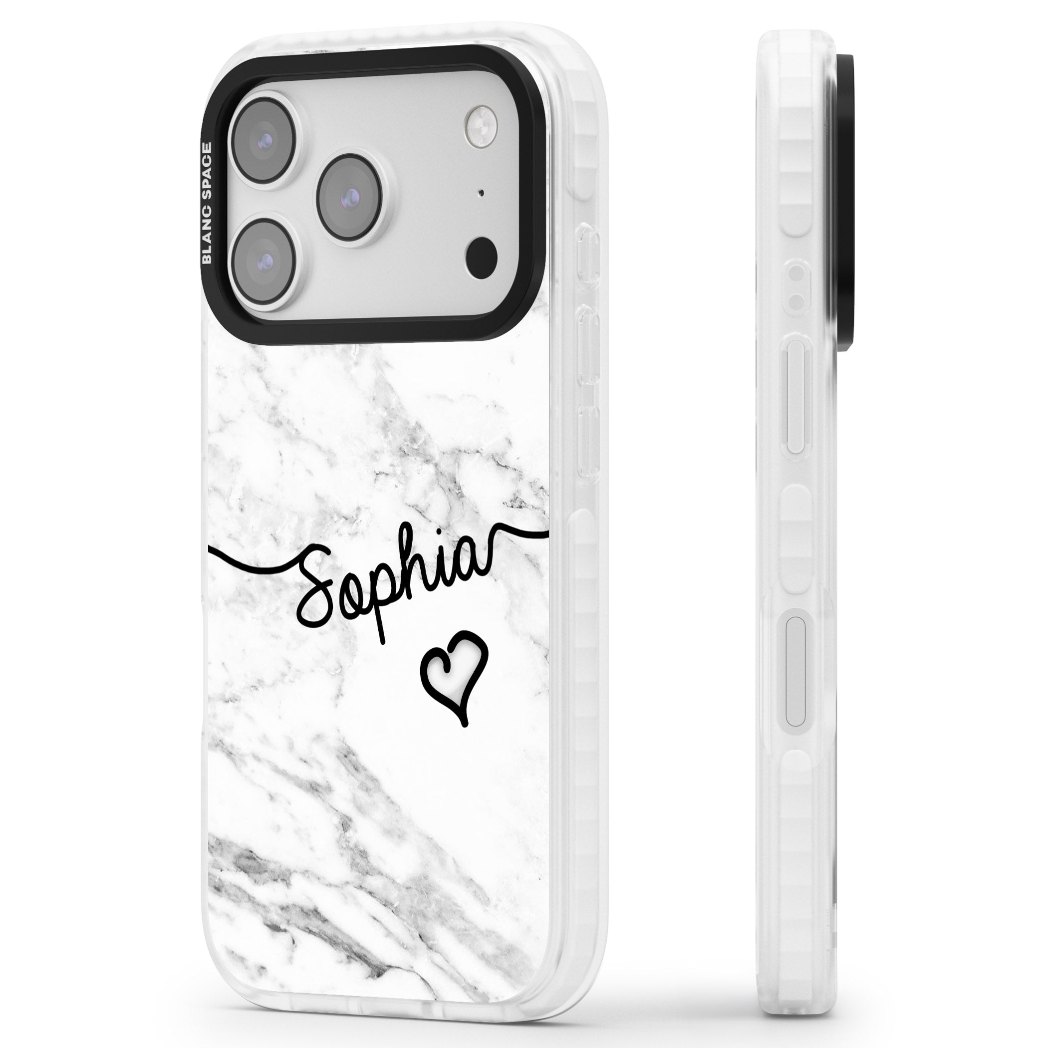 Personalised White Marble Heart iPhone 17 Pro Impact Pro Clear Phone Case Side Profile