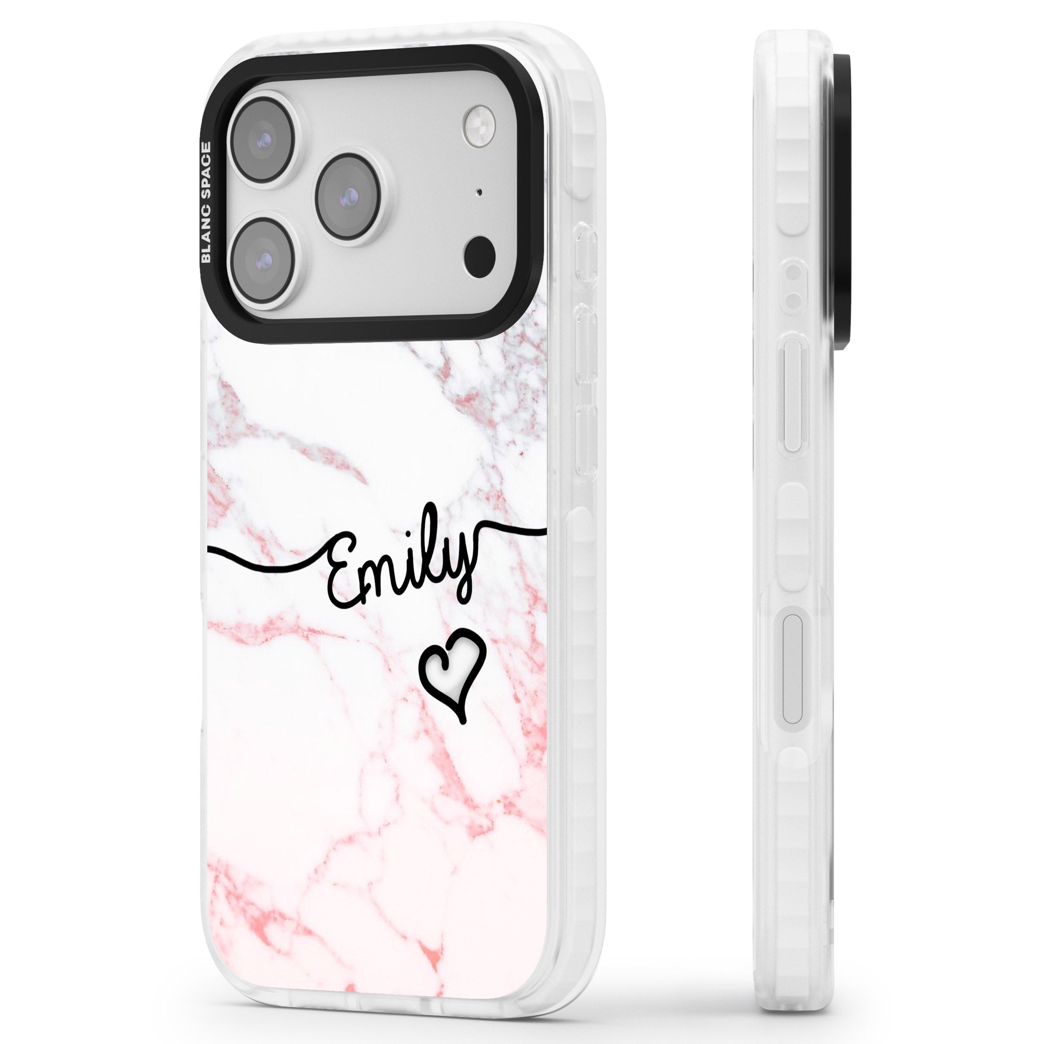 Personalised Pink Fade Marble Heart iPhone 17 Pro Max Impact Pro Clear Phone Case Side Profile