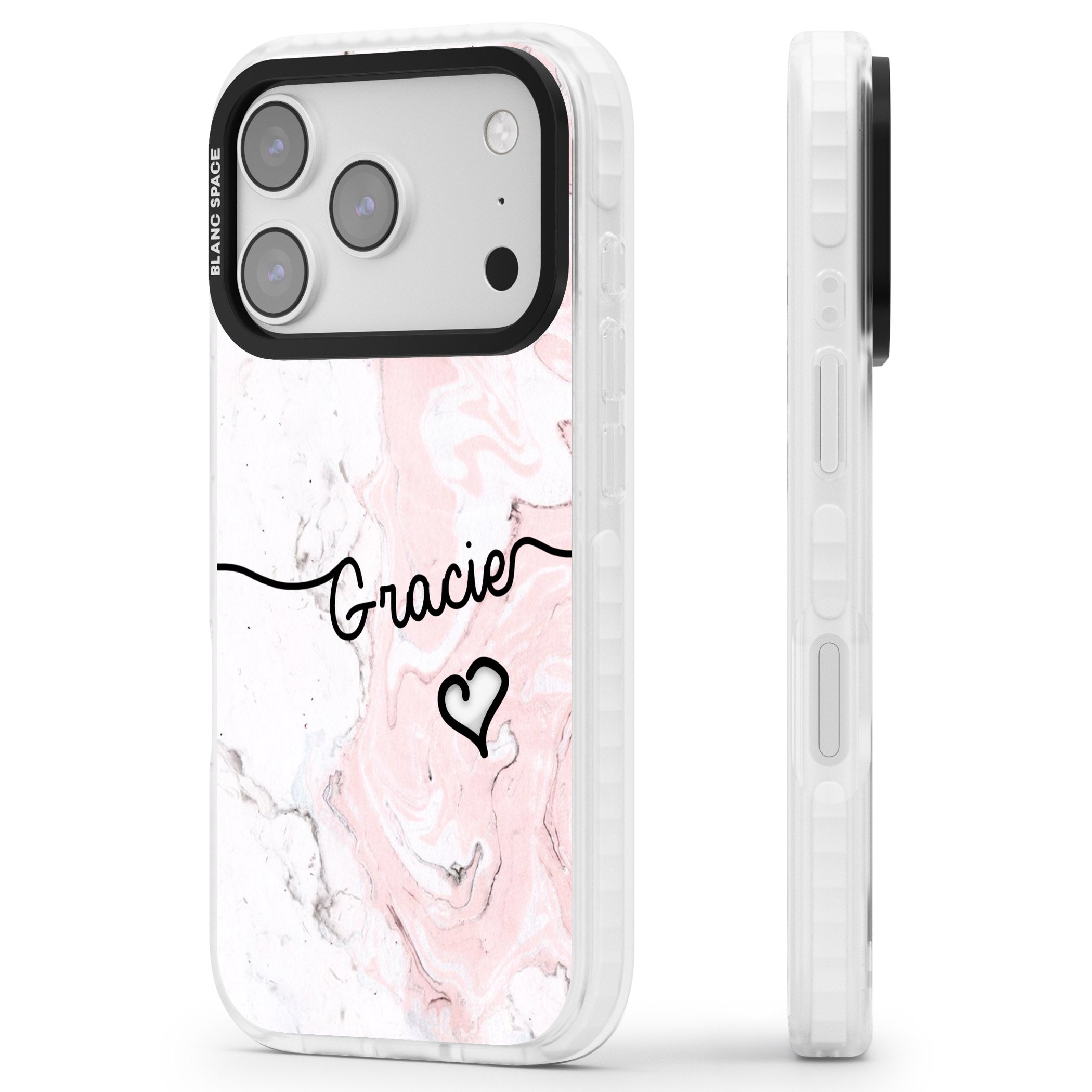 Personalised Pink Marble iPhone 17 Pro Impact Pro Clear Phone Case Side Profile