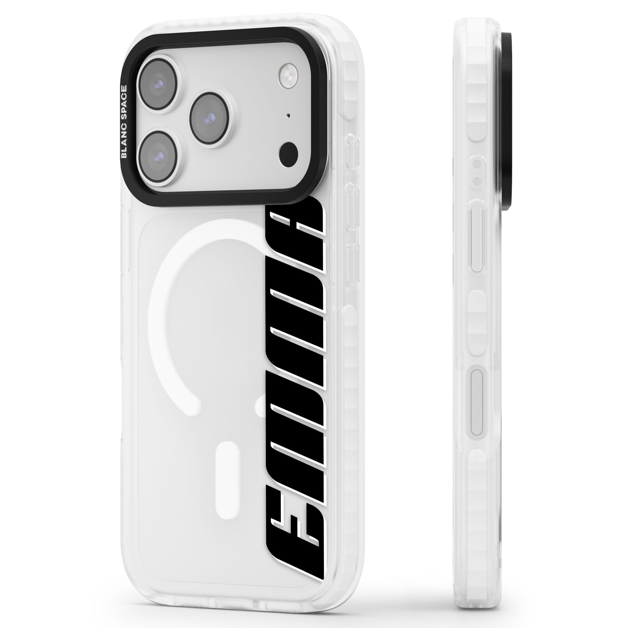 Personalised Vertical Bold Name iPhone 17 Pro Impact Pro Clear Phone Case Side Profile