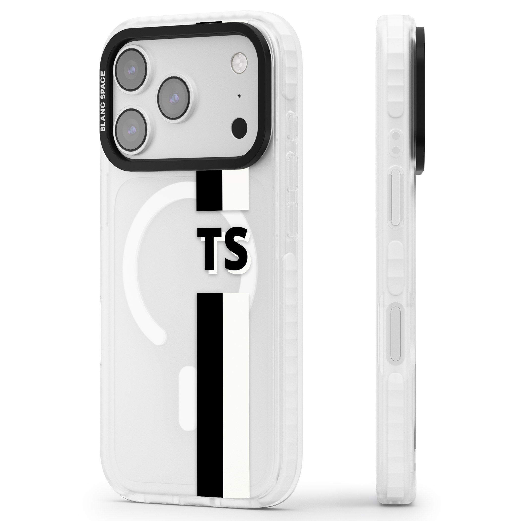 Personalised Black And White Stripe iPhone 17 Pro Impact Pro Clear Phone Case Side Profile