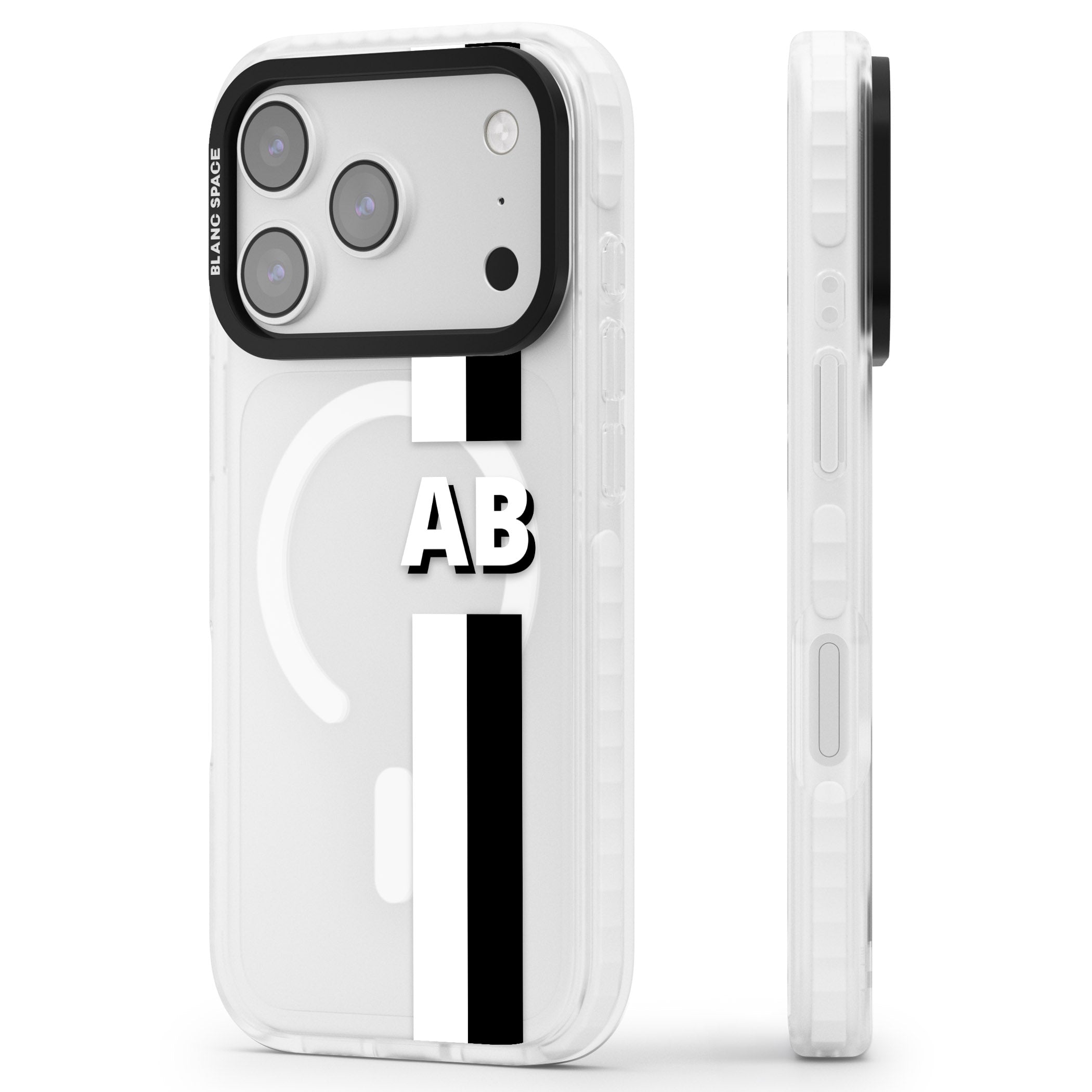 Personalised Bold Two Stripe Name iPhone 17 Pro Impact Pro Clear Phone Case Side Profile
