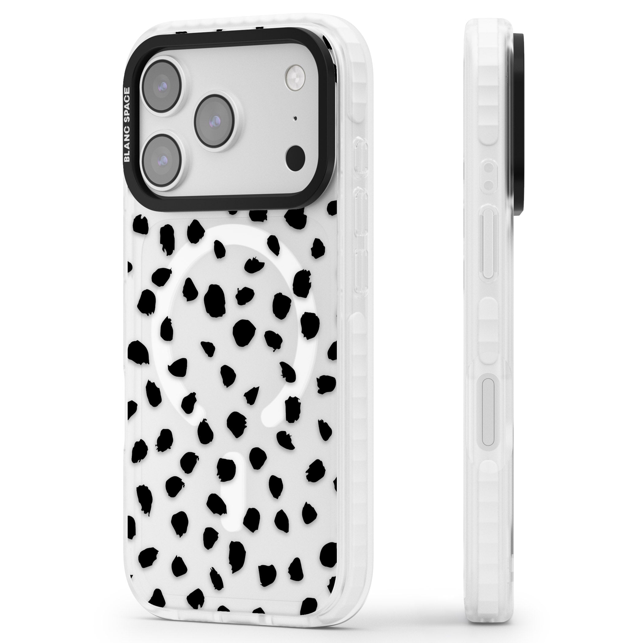 Black Dalmatian Polka Dot iPhone 17 Pro Max Impact Pro Clear Phone Case Side Profile