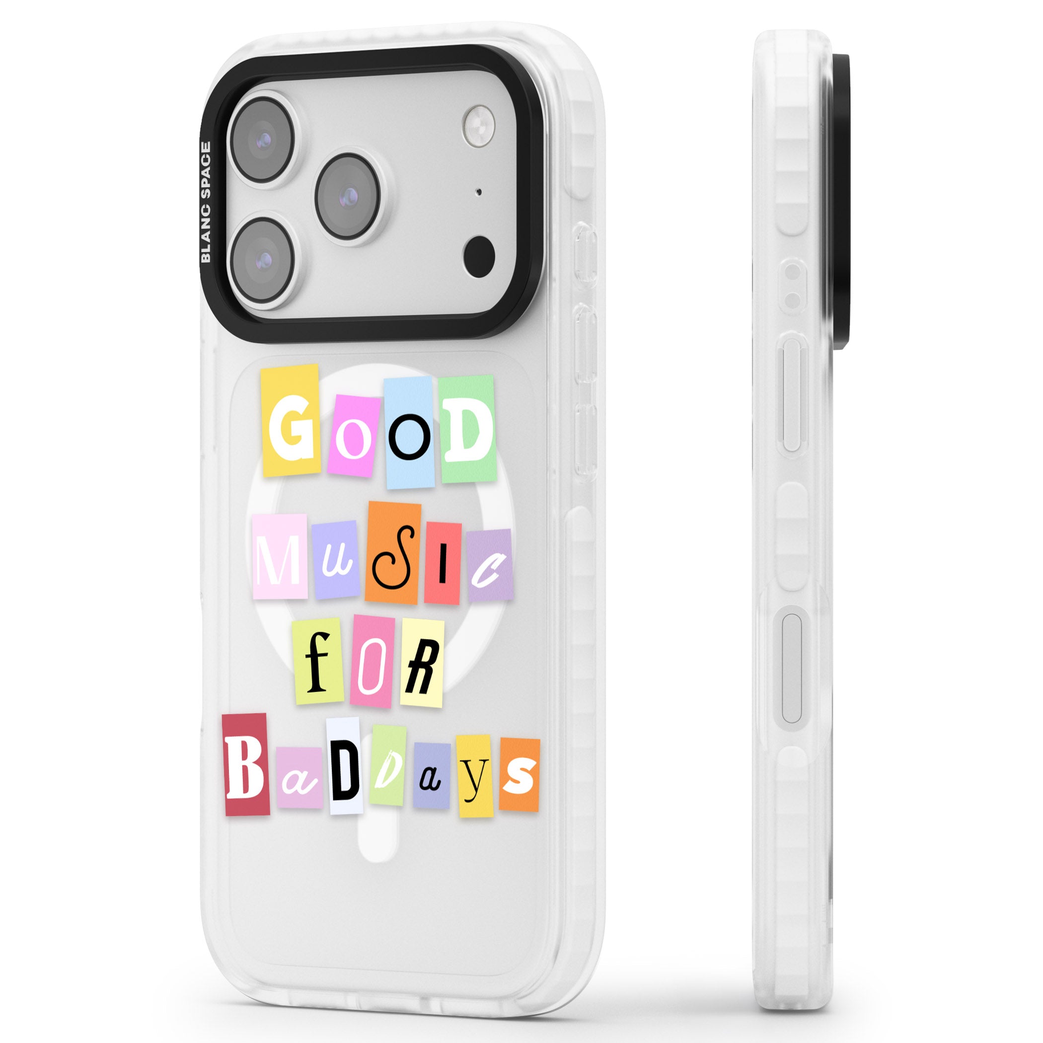 Good Music For Bad Days iPhone 17 Pro Max Impact Pro Clear Phone Case Side Profile