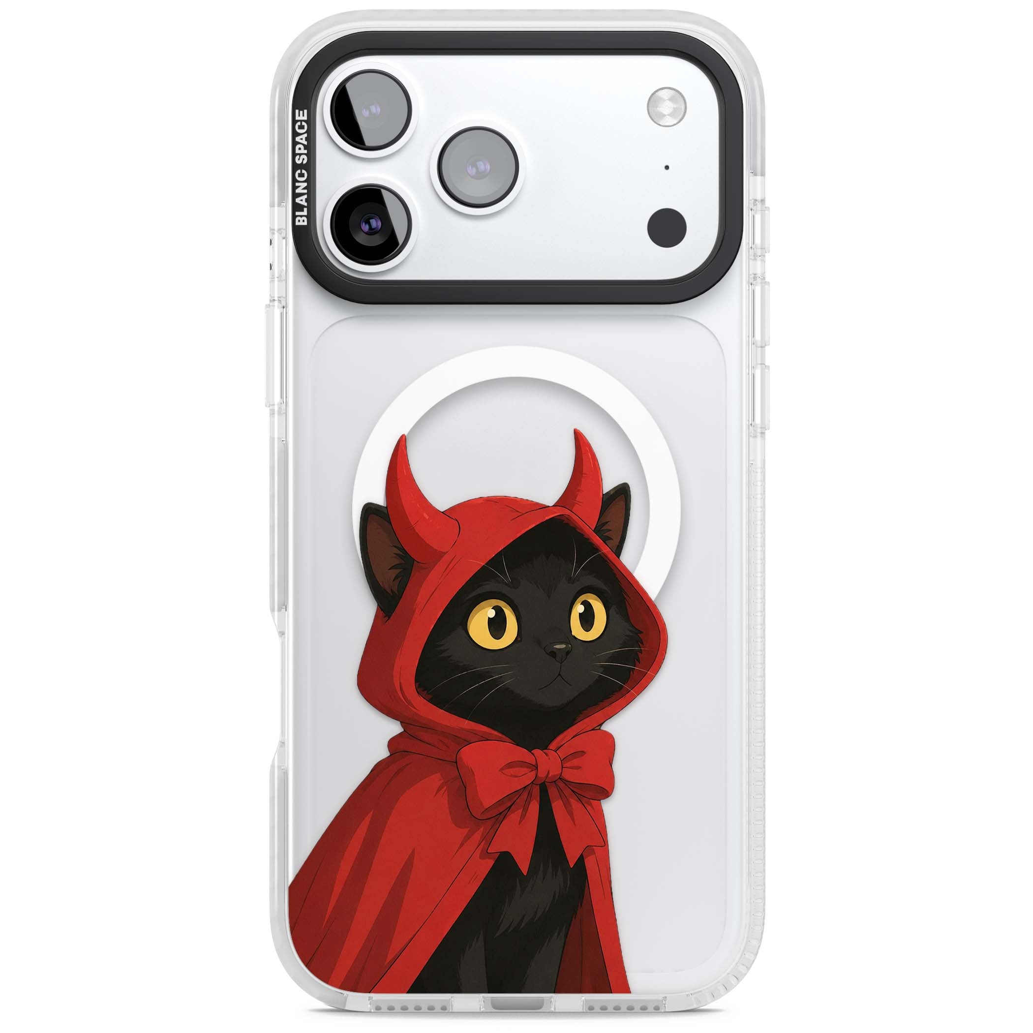 Little Devil halloween iPhone case featuring a black cat in a red hooded devil cloak with horns and golden eyes | Impact Magsafe case for iPhone 17 Pro, iPhone 17 Pro Max