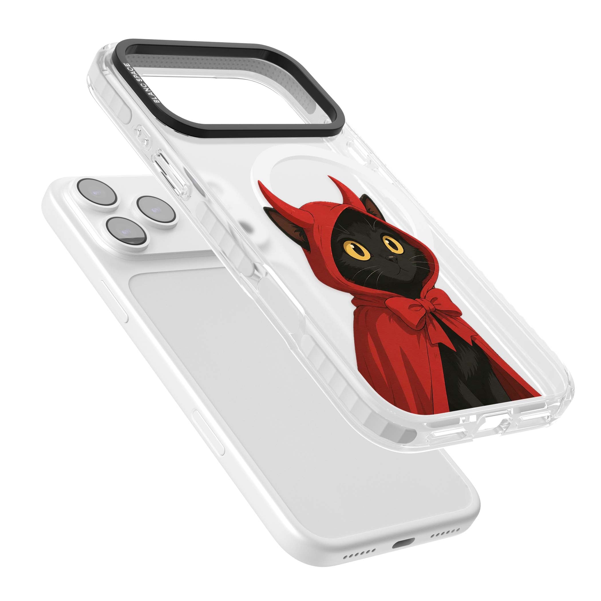 Little Devil halloween iPhone case featuring a black cat in a red hooded devil cloak with horns and golden eyes | Impact Magsafe case for iPhone 17 Pro, iPhone 17 Pro Max