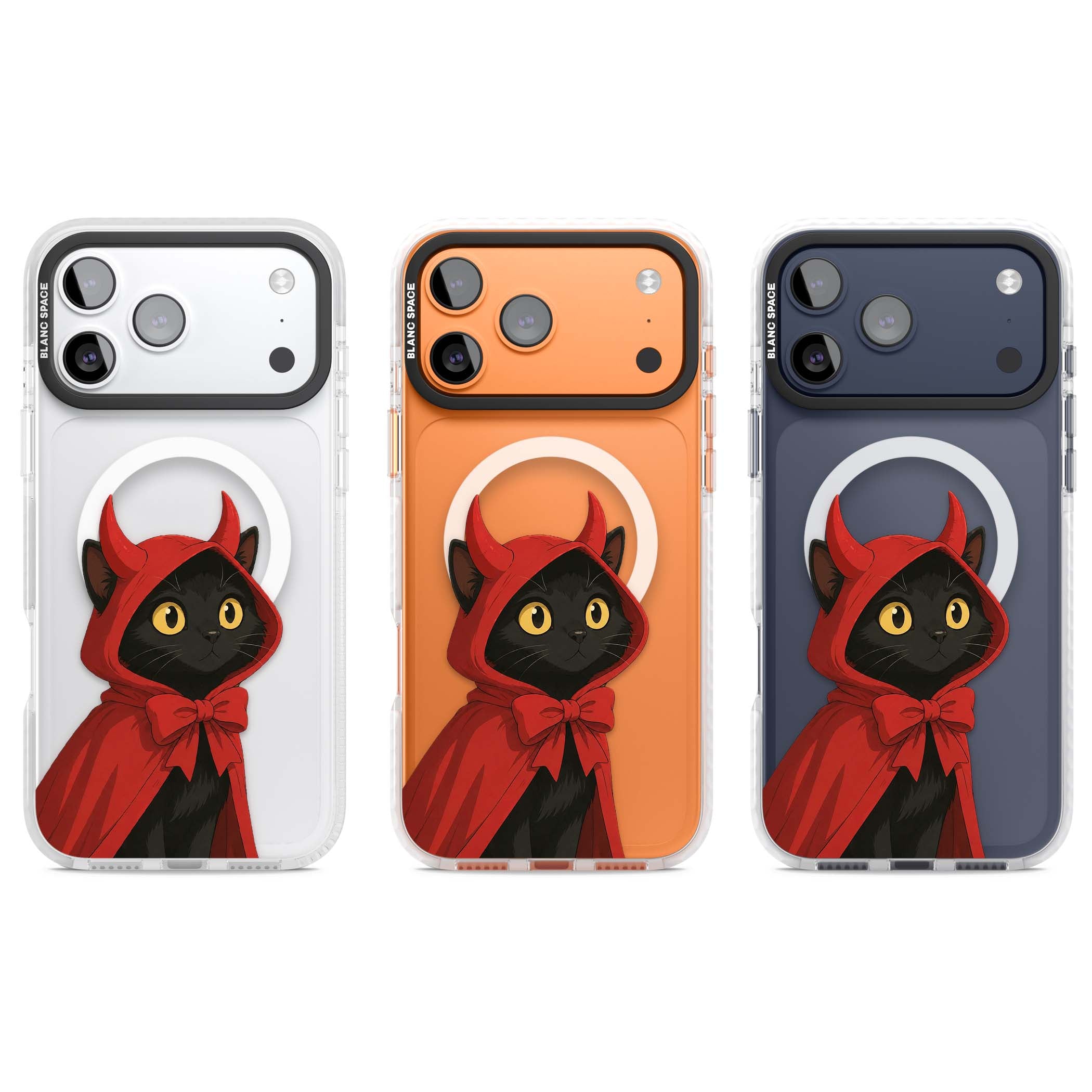 Little Devil halloween iPhone case featuring a black cat in a red hooded devil cloak with horns and golden eyes | Impact Magsafe case for iPhone 17 Pro, iPhone 17 Pro Max