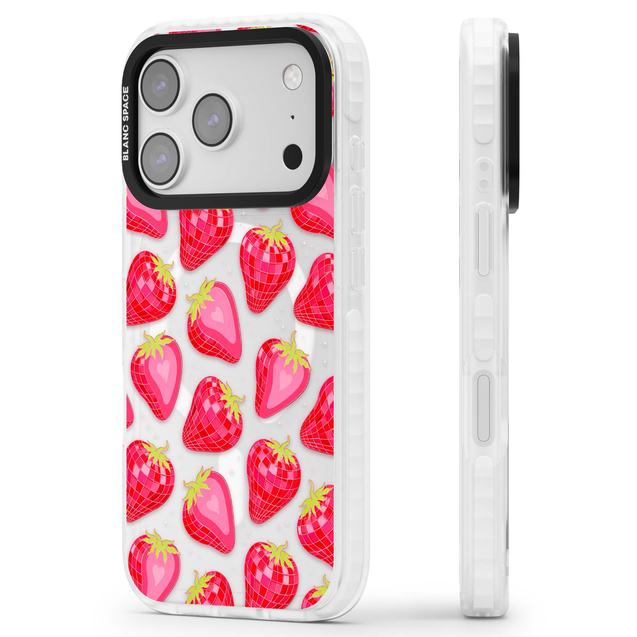 Disco Strawberry Y2K iPhone case featuring pink disco-ball strawberries, green leaves and tiny sparkles | Impact Magsafe case for iPhone 17 Pro, iPhone 17 Pro Max