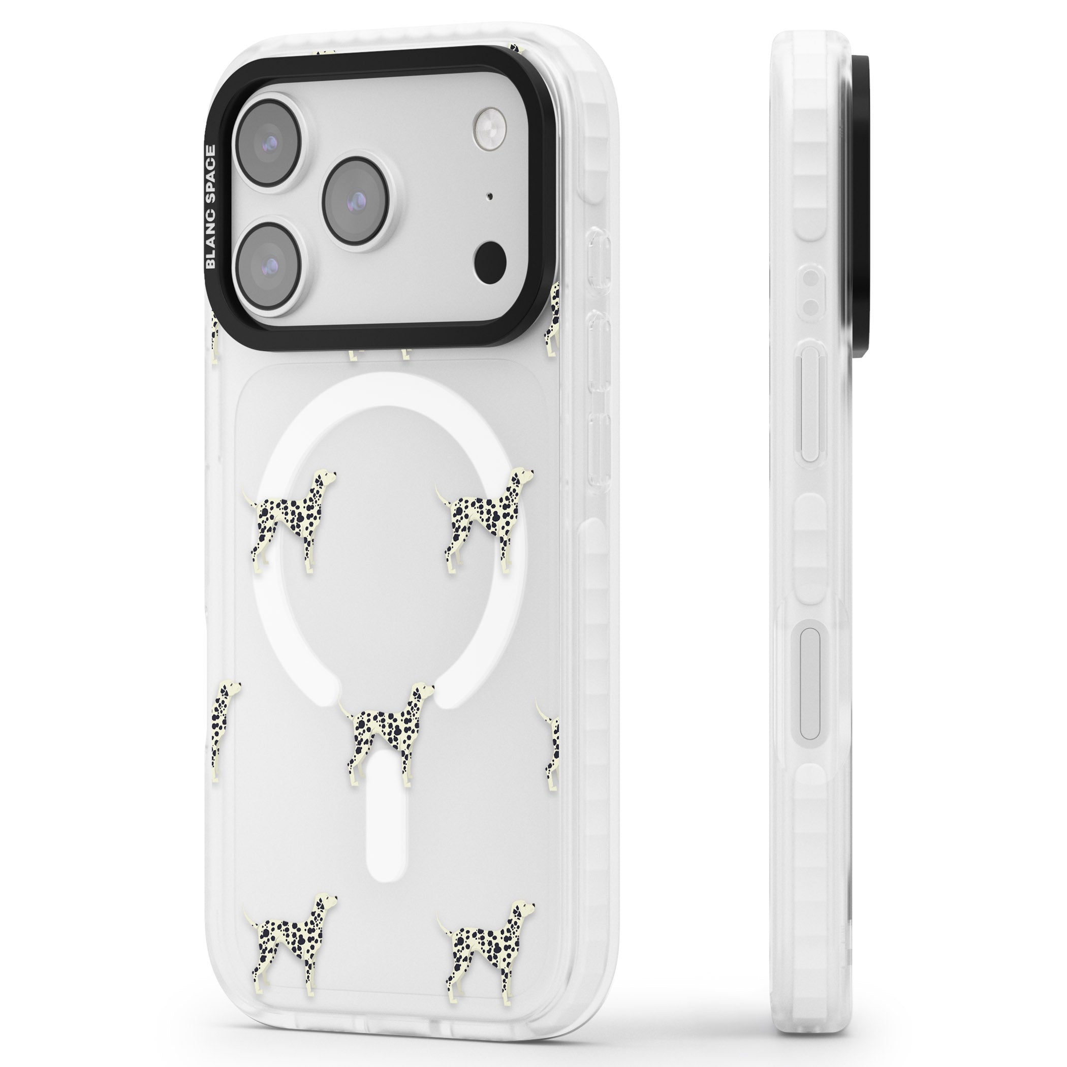 Dalmatian Dog Pattern iPhone 17 Pro Impact Pro Clear Phone Case Side Profile