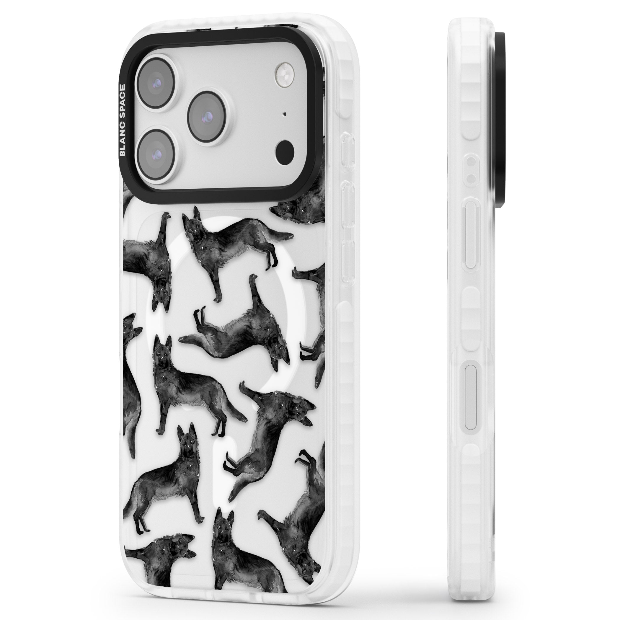 German Shepherd Pattern Black iPhone 17 Pro Impact Pro Clear Phone Case Side Profile