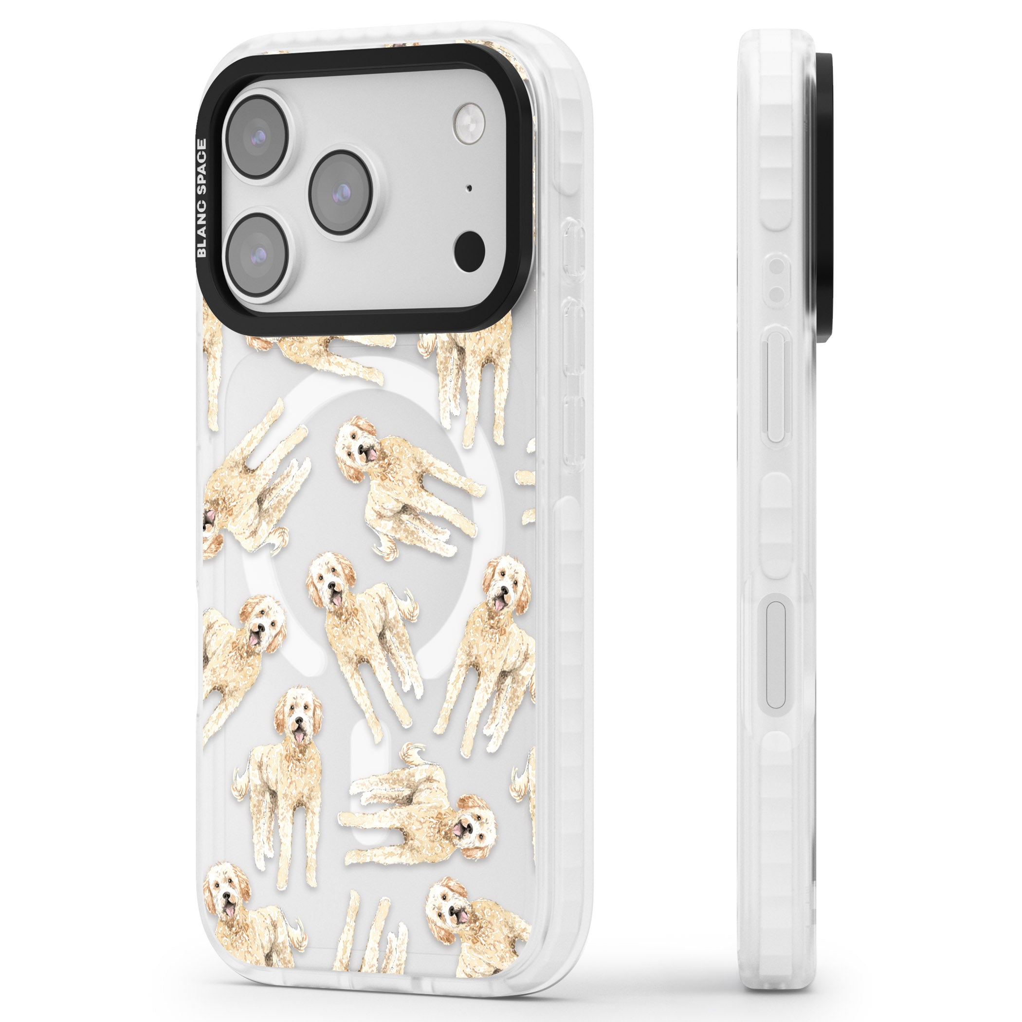 Goldendoodle Watercolour Dog Pattern iPhone 17 Pro Max Impact Pro Clear Phone Case Side Profile