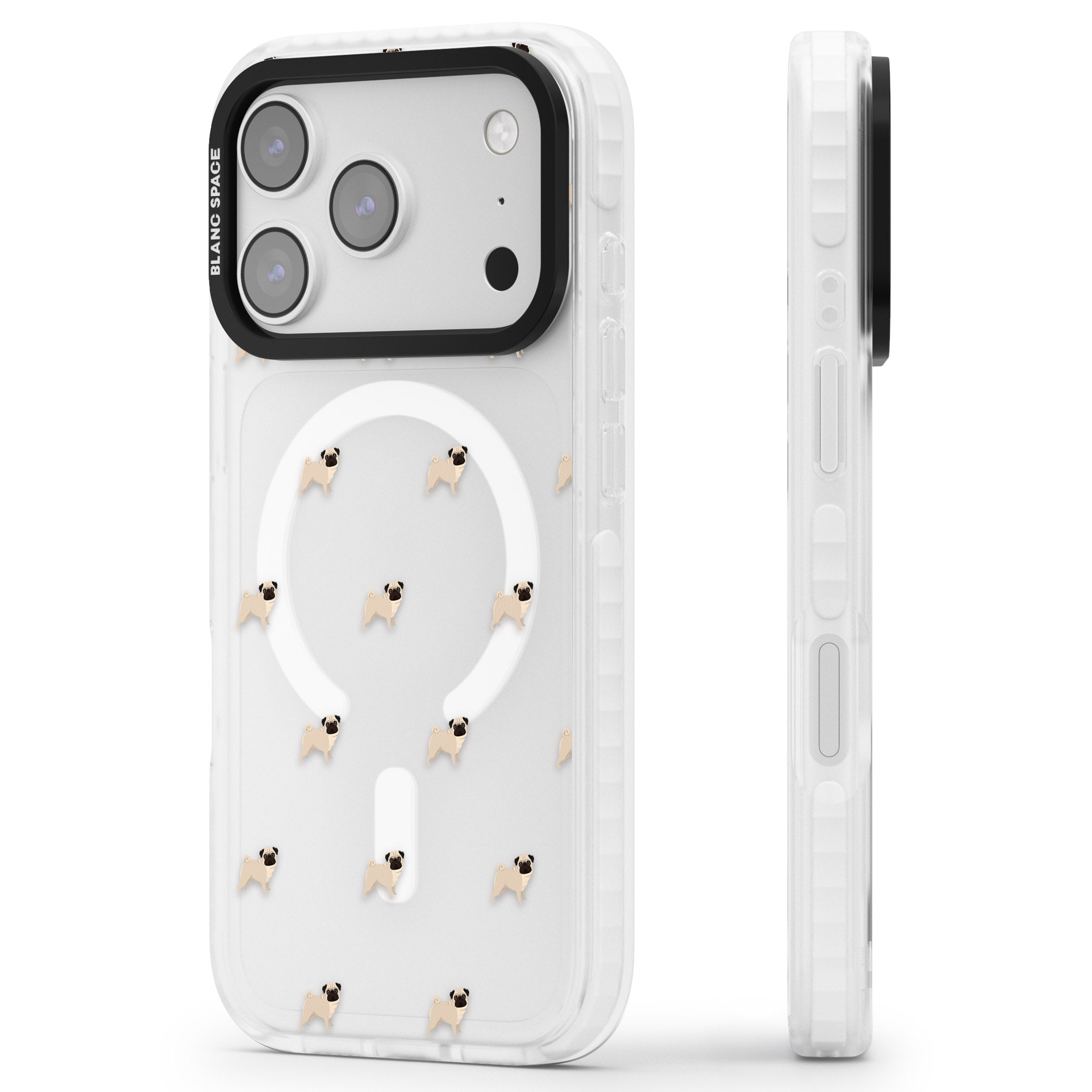 Pug Pattern iPhone 17 Pro Max Impact Pro Clear Phone Case Side Profile