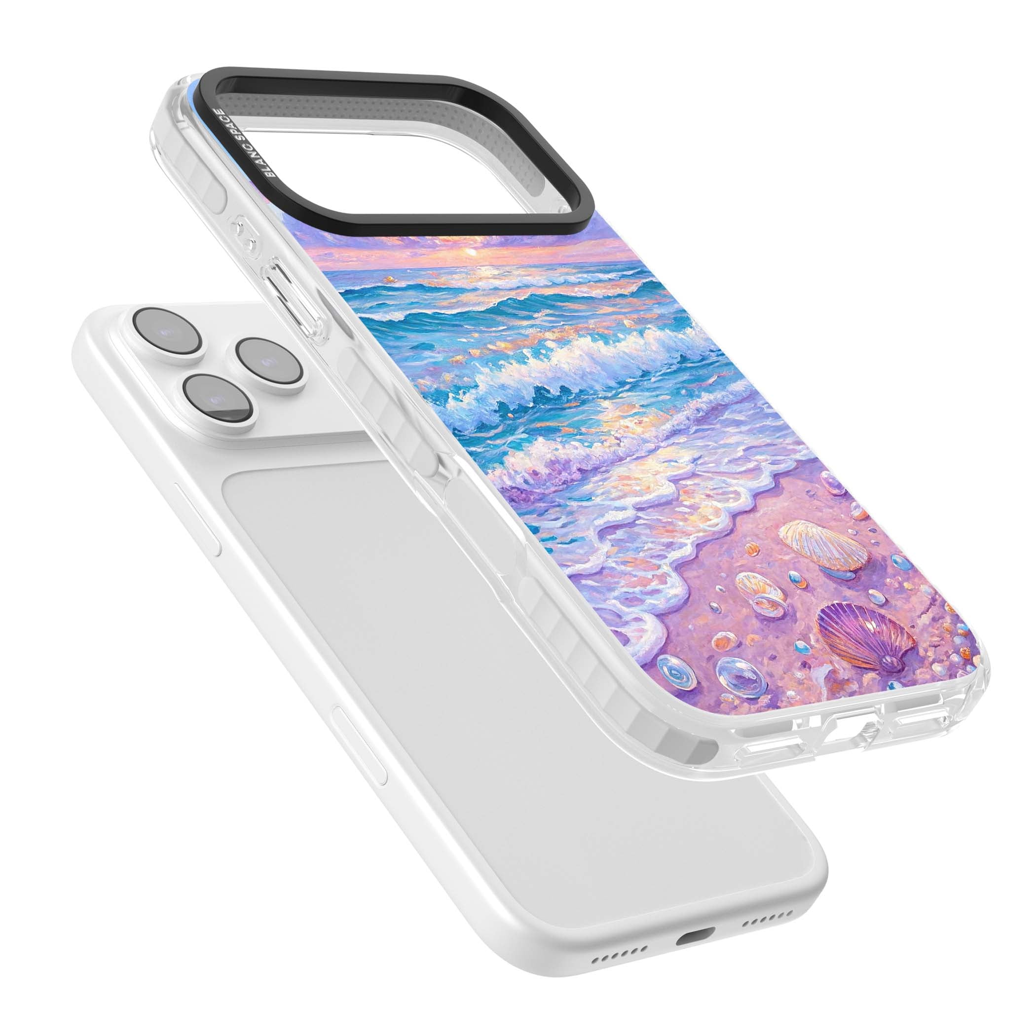 Pearl Shore coastal iPhone case featuring pastel painted waves, seashells, and a sunrise sky over a lavender beach. | Impact Magsafe case for iPhone 17 Pro, iPhone 17 Pro Max