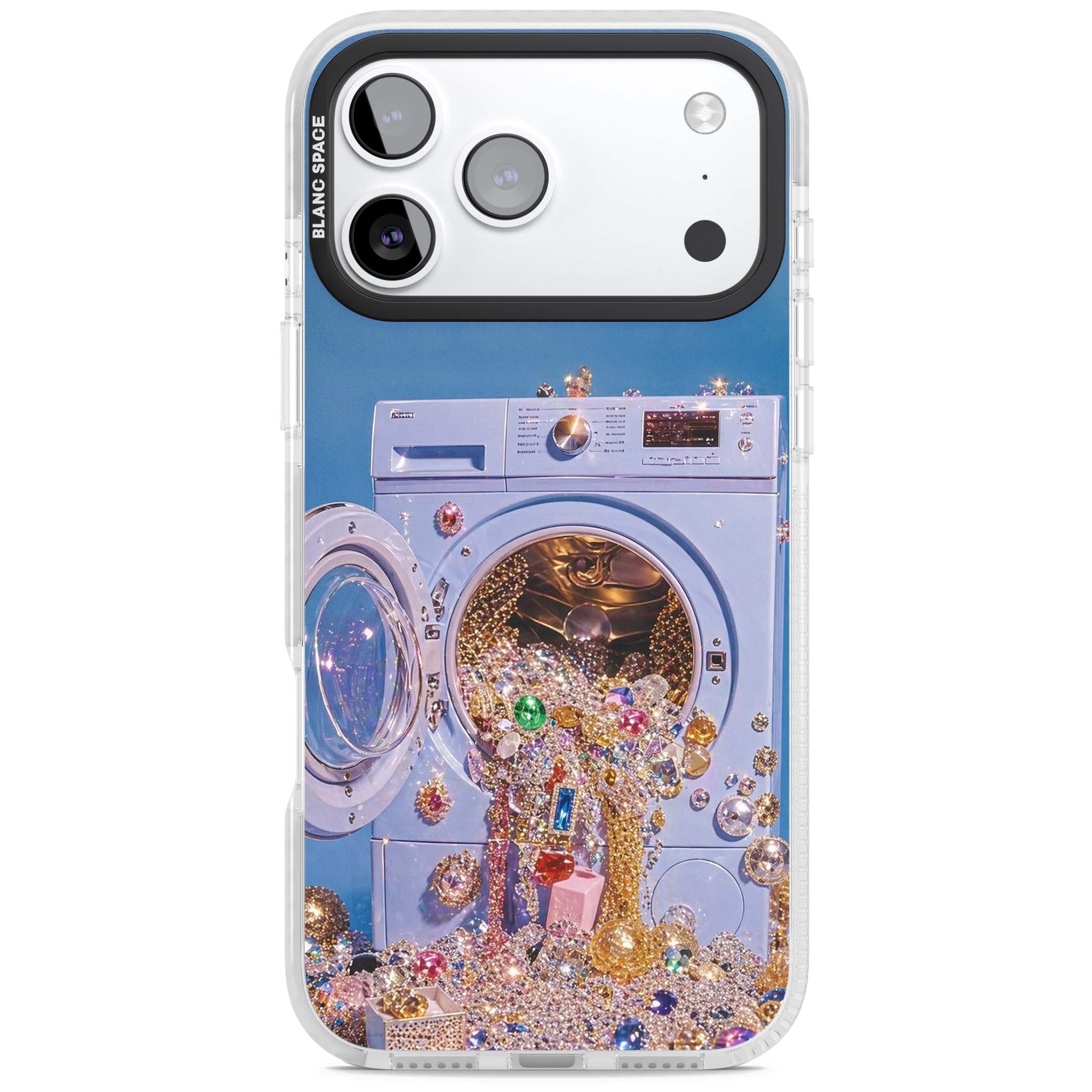Gem Laundry baddie iPhone case featuring a surreal washing machine overflowing with colourful gemstones and crystals | Impact Magsafe case for iPhone 17 Pro, iPhone 17 Pro Max