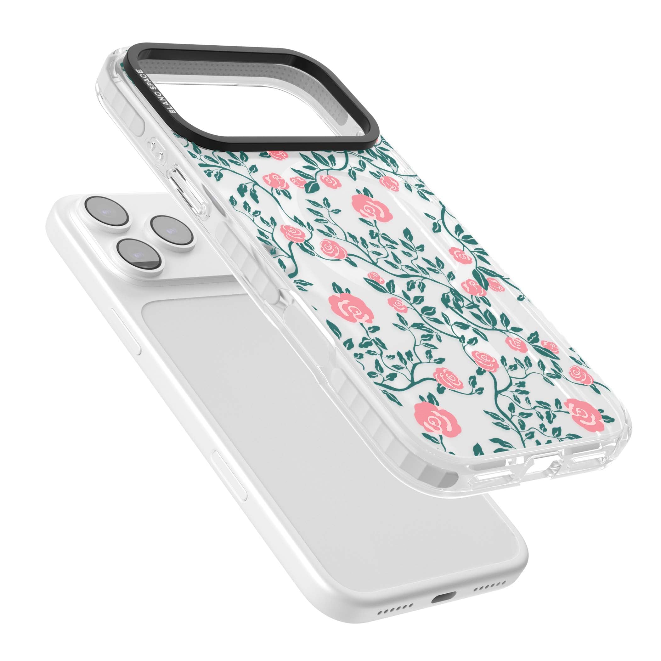 Rose Trellis (Clear) cottagecore iPhone case featuring pink climbing roses and green leaves on clear background | Impact Magsafe case for iPhone 17 Pro, iPhone 17 Pro Max